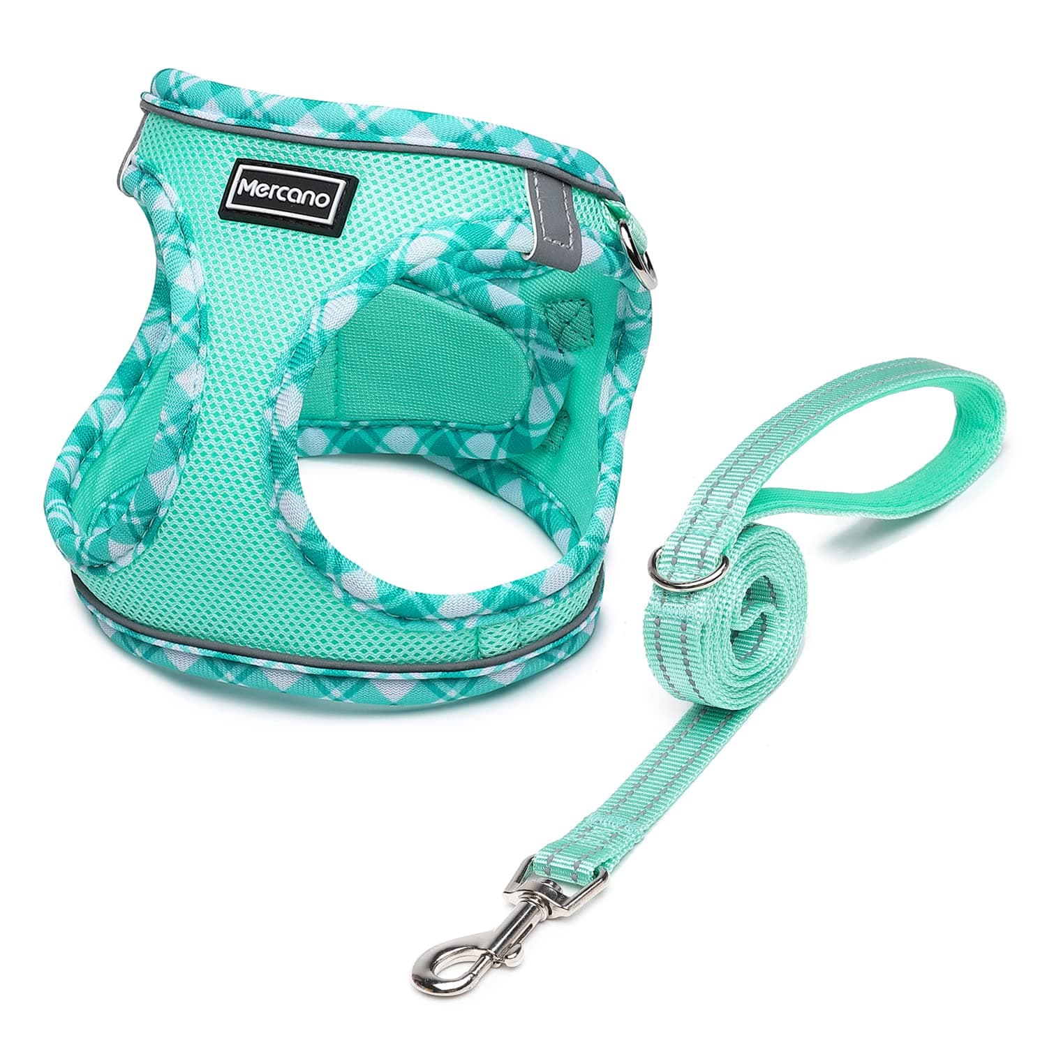 Mercano Soft Mesh Dog Harness and Leash Set, No-Chock Step-in Reflective Breathable Lightweight Easy Walk Escape Proof Vest Harnesses with Safety Buckle for Small Medium Dogs, Cats (Light Green, M)
