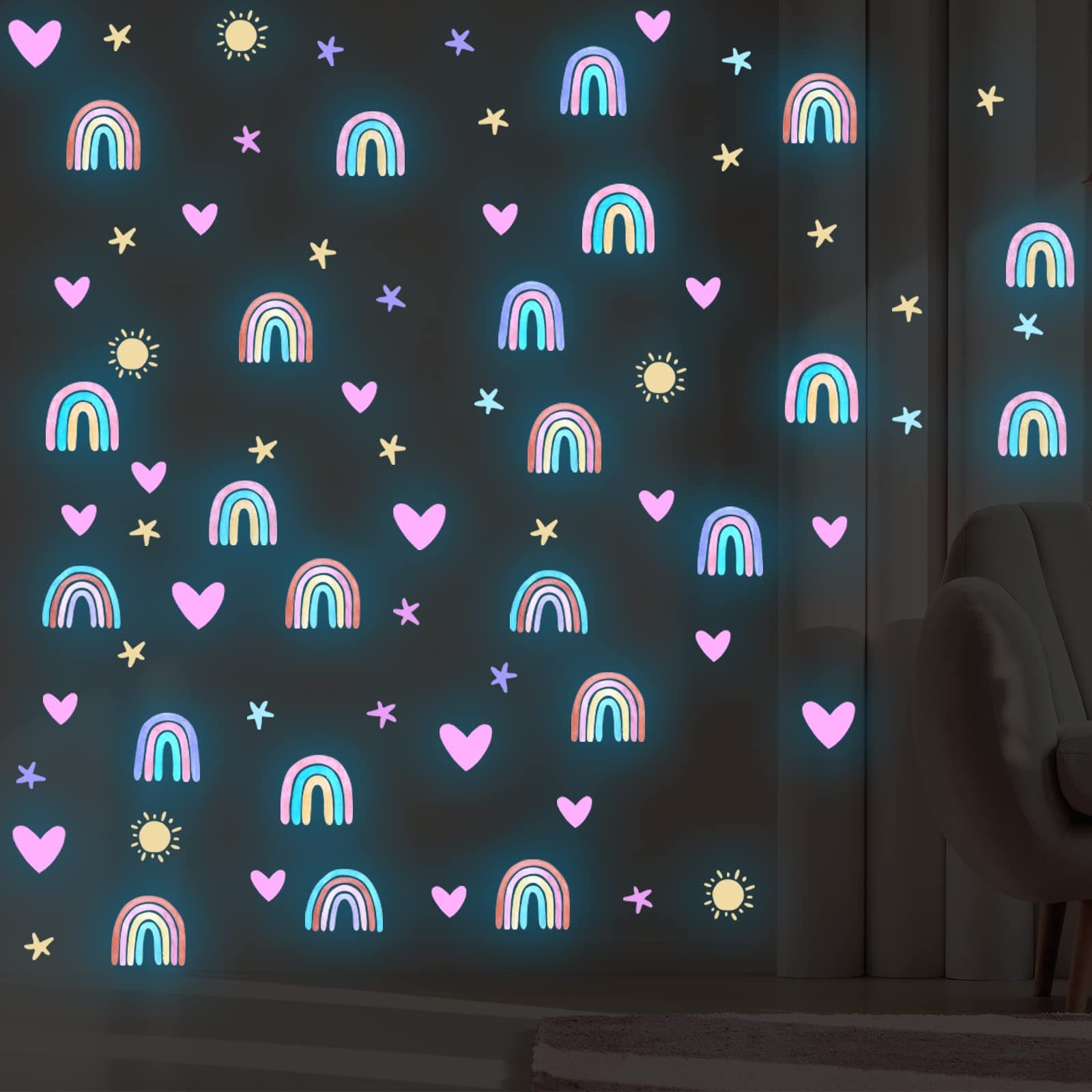 Epakh Boho Rainbow Wall Decor Stickers Small Rainbow Wall Decal Watercolor Rainbow Heart Sun Star Wall Stickers for Girls Boys Baby Bedroom Nursery Wall Decor (Luminous Blue)