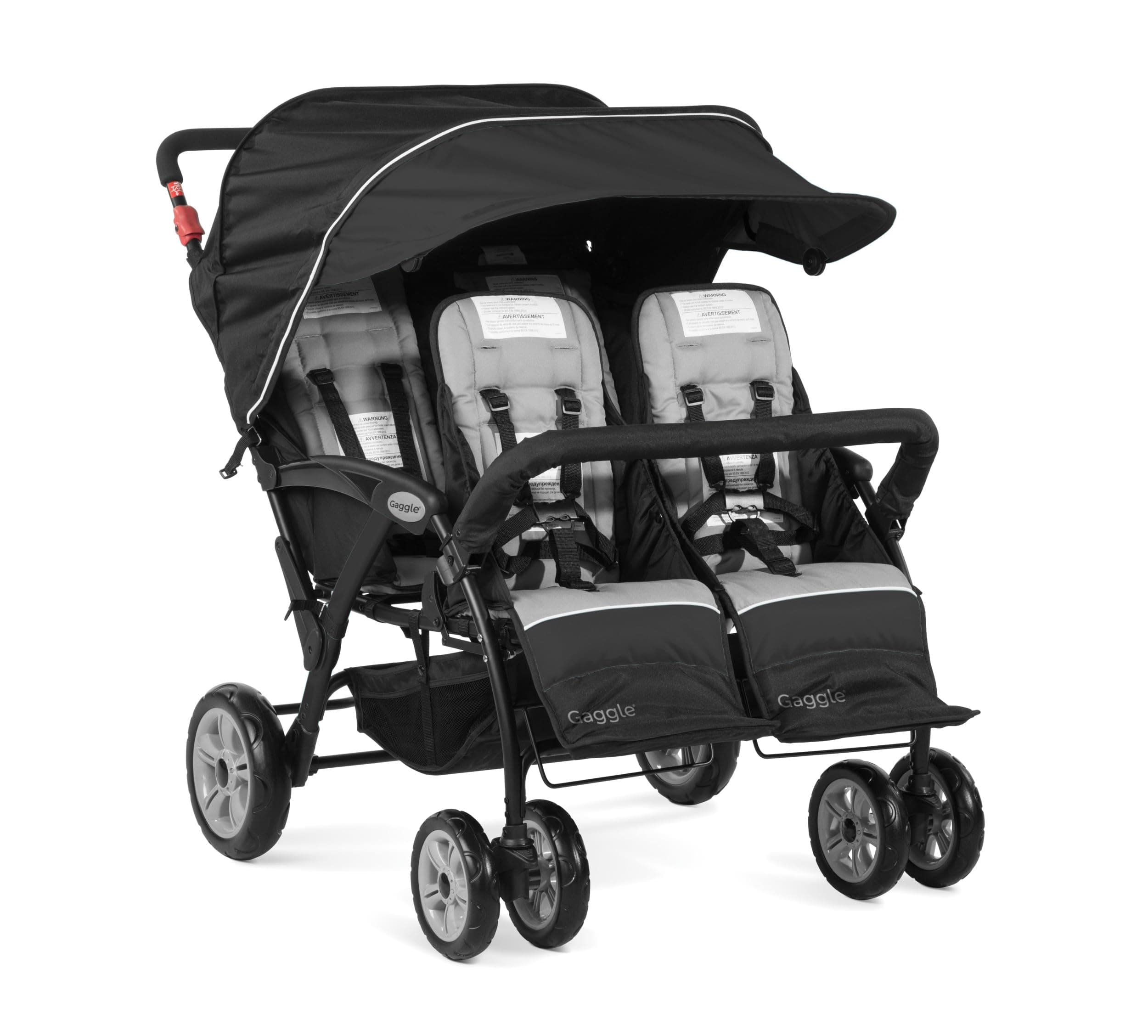 Gaggle by Foundations Compass Quad 4 Seat Stroller 4-Seat Stroller for Daycare 4-Seat Quad Stroller with Oversized Uv Blocking Canopy 5-Point Harness Easy Loading Storage Bucket Black