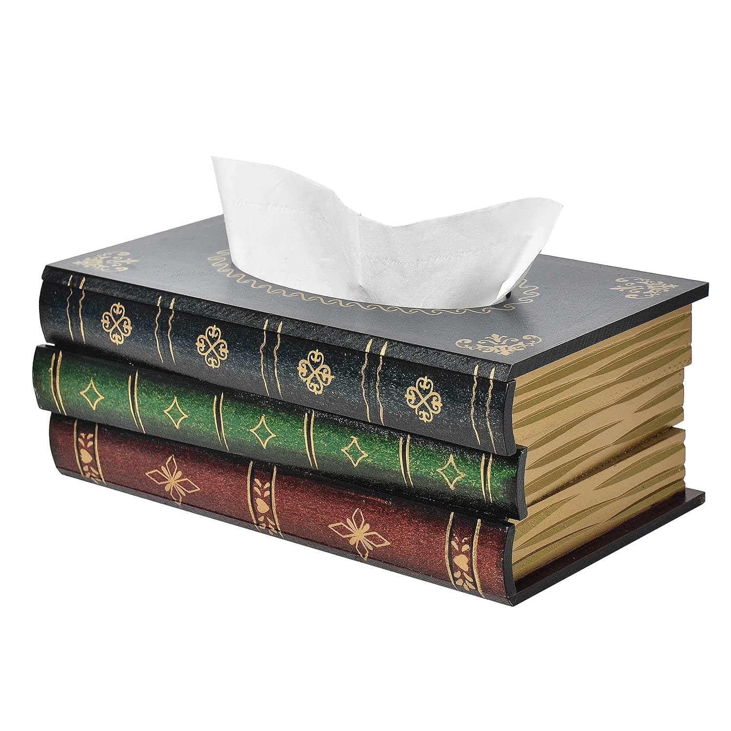Crafted Classical Retro Wooden Antique Book Tissue Box Cover Rectangular Tissue Holder Dispenser Paper Cover Case Napkin Holder Home Decor for Bathroom Living Room Office car Kitchen (Dark Green)