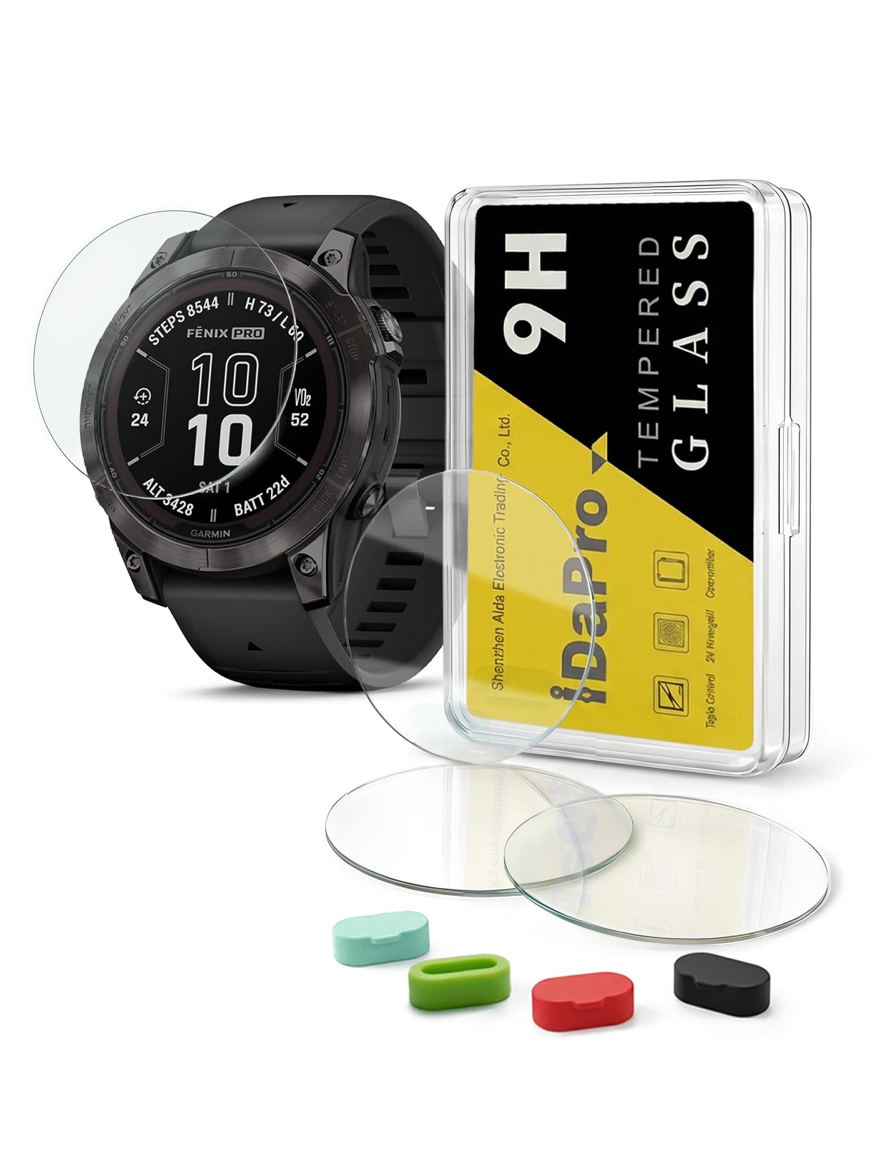 iDaPro 4+4 Pack Screen Protector for Garmin Fenix 7X /7X Pro Solar/Sapphire smartwatch with Silicone Anti-dust Plugs,9H Tempered Glass Protection Kit in Reusable Storage Case, Anti-Scratch,Bubble-Free