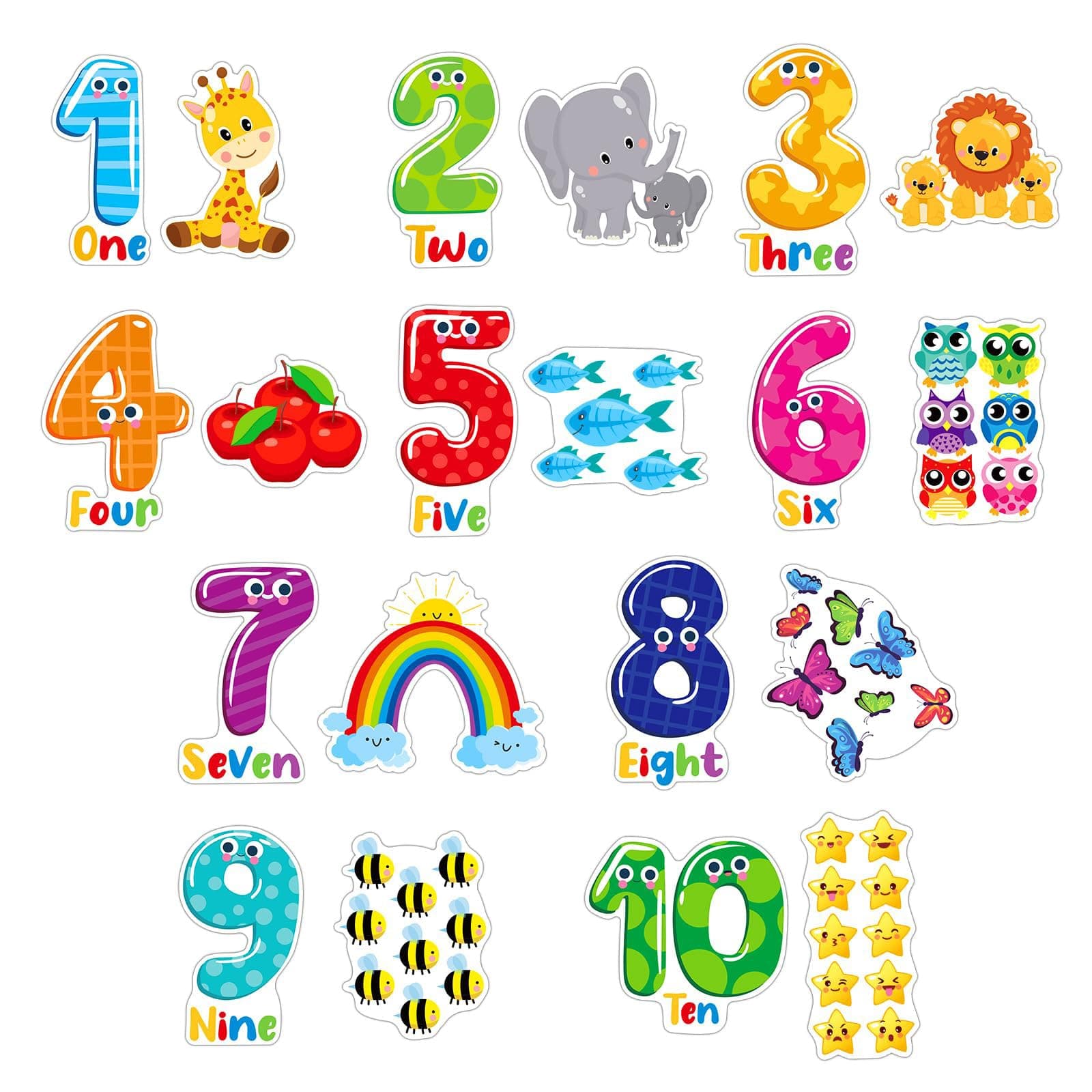 FLYAB Numbers Wall Stickers - 5 Sheets Learning Educational Number Wall Decals Peel and Stick Animal Wall Decals Stickers for Kids Toddlers Classroom Playroom Daycare Nursery Bedroom Decorations