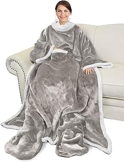 Catalonia Sherpa Wearable Blanket with Sleeves & Foot Pockets for Adult Women Men, Comfy Snuggle Wrap Sleeved Throw Blanket Robe, Gift Idea, Camel