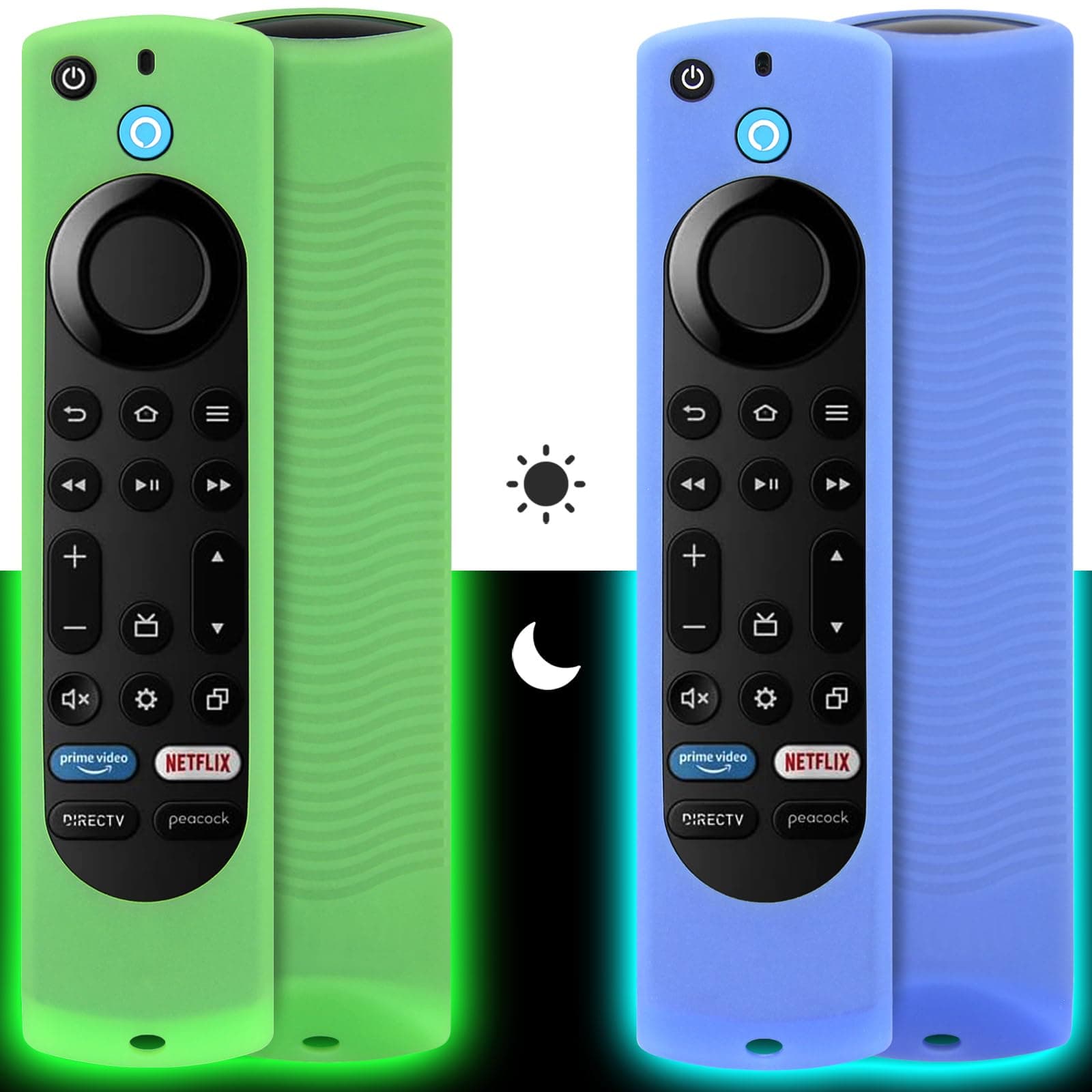 Pinowu Silicone Remote Case (2pcs, Nightglow) Compatible for Firestick 4K Max/Insignia/Pioneer/Fire TV 4-Series/Omni Alexa Voice Remote Enhanced w/Lanyard (Green and Blue)