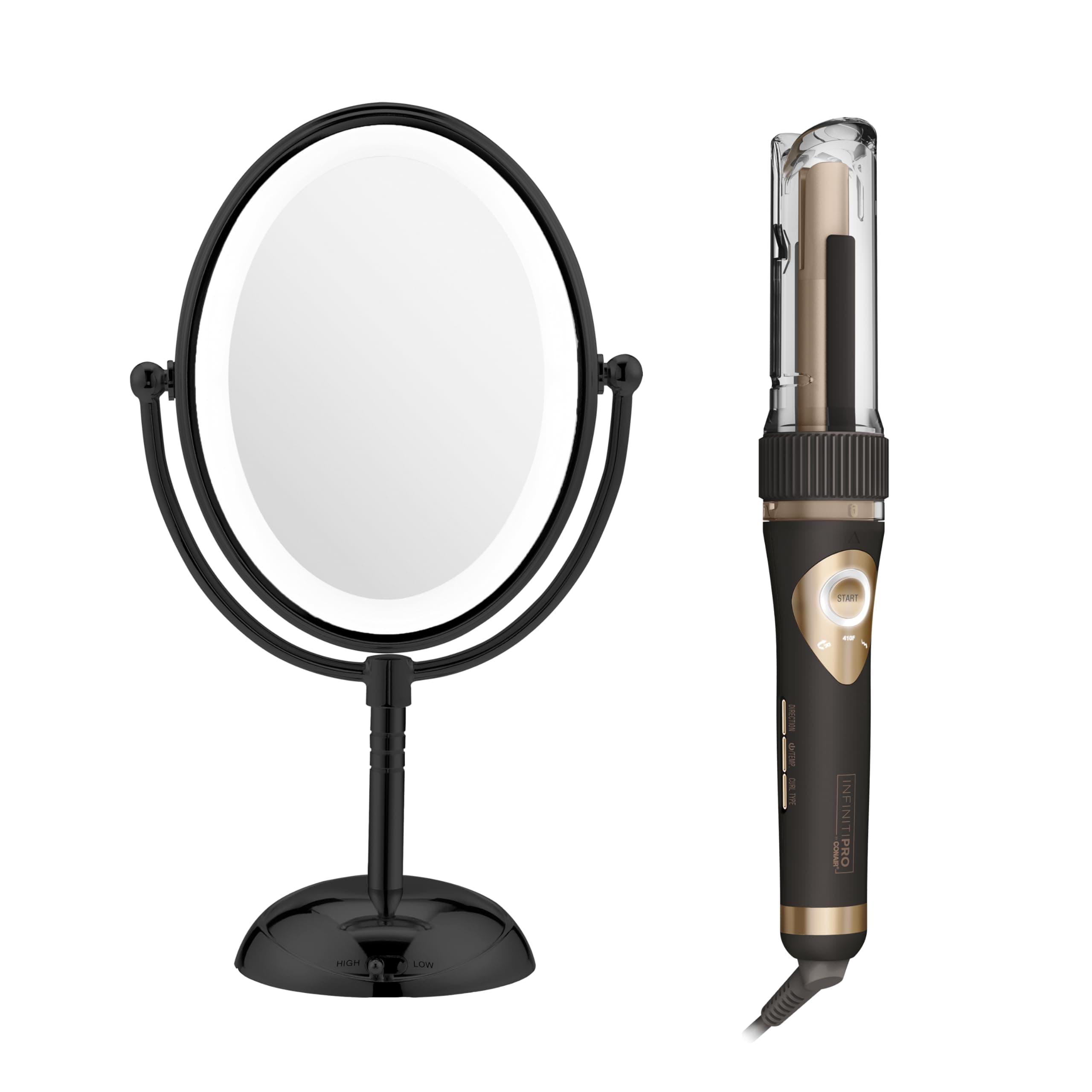 Limited Edition Bundle | INFINITIPRO BY CONAIR Curl Secret Automatic Curling Iron in 3/4-inch Barrel - and - Conair Lighted Makeup Mirror | Black | Amazon Exclusive