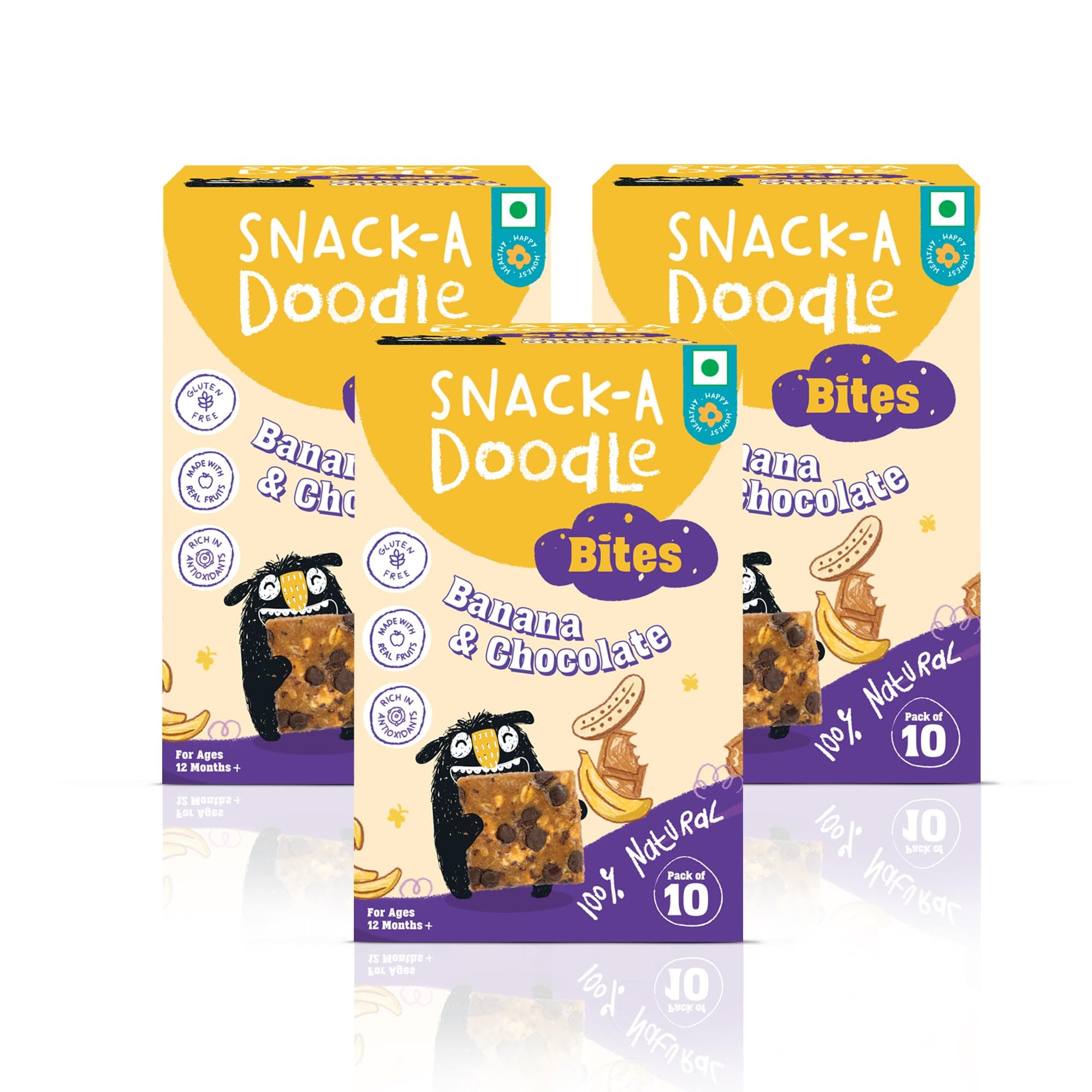 Snack-a-Doodle Banana & Choco Chip Bites X 3 | Nutritious Healthy Snacks for Kids | No Added Sugar | Sweetened with Fruits | Vegan & Gluten-Free | Perfect for Tiffin, Evening Snacks & Travel | 450g