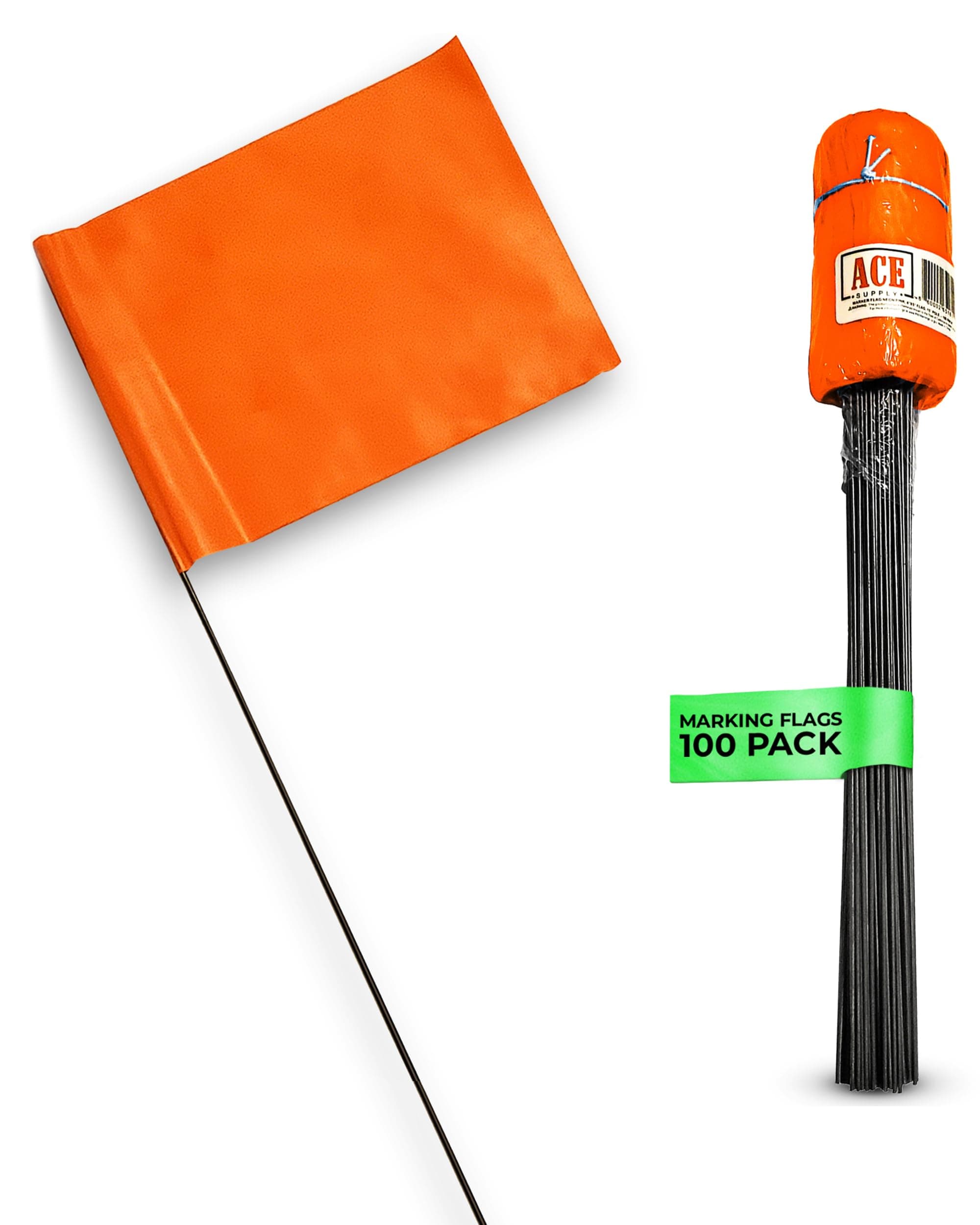ACE Supply Orange Marking Flags 100 Pack,4x5-Inch Flag on 15-Inch Steel Wire,Yard Flags, Marker Flags for Lawn, Irrigation Flags, Sprinkler Flags, Compatible with Invisible Fence Flags