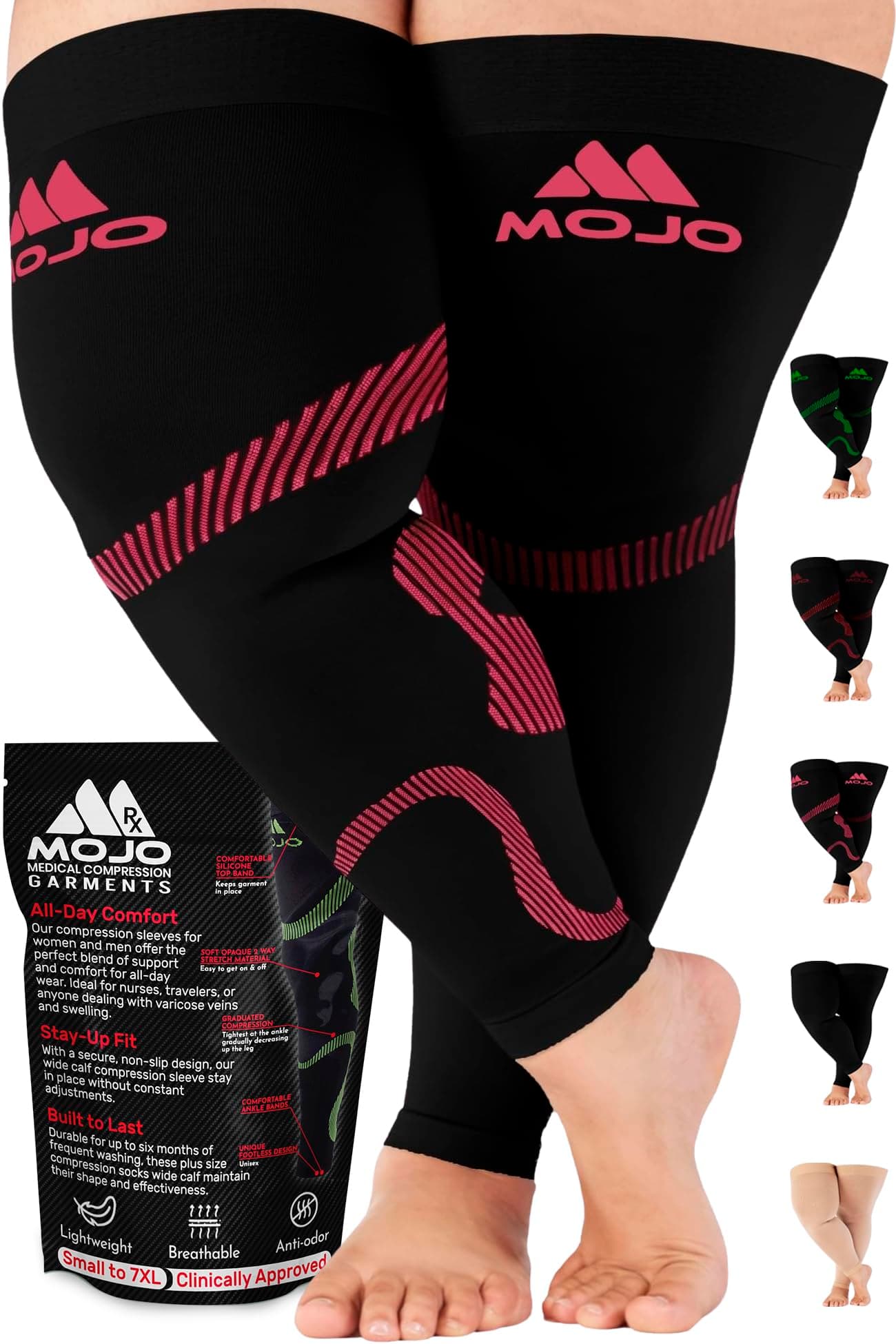 Mojo Compression Socks - 20-30mmHg Graduated Support Thigh-Hi Leg Sleeves with Grip Top - 10 Sizes, 5 Colors - Reduces Swelling, Ideal for Varicose Veins, Lymphedema, DVT Treatment - 1 Pair