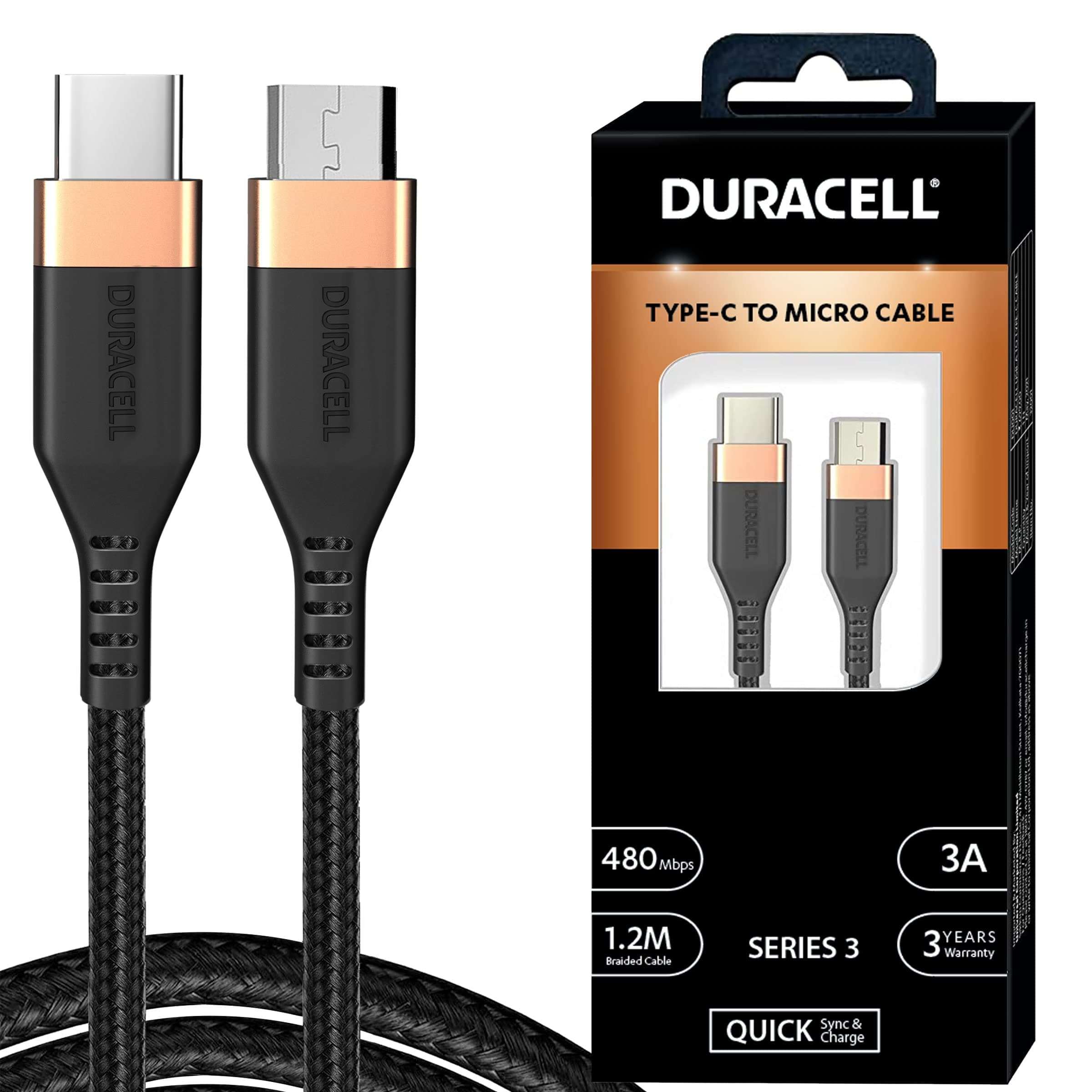Duracell Type-C To Micro 1.2M Braided Sync & Charge Cable, USB C To Micro Fast Charge Data Cables Compatible For Fast Data Transmission (Black)