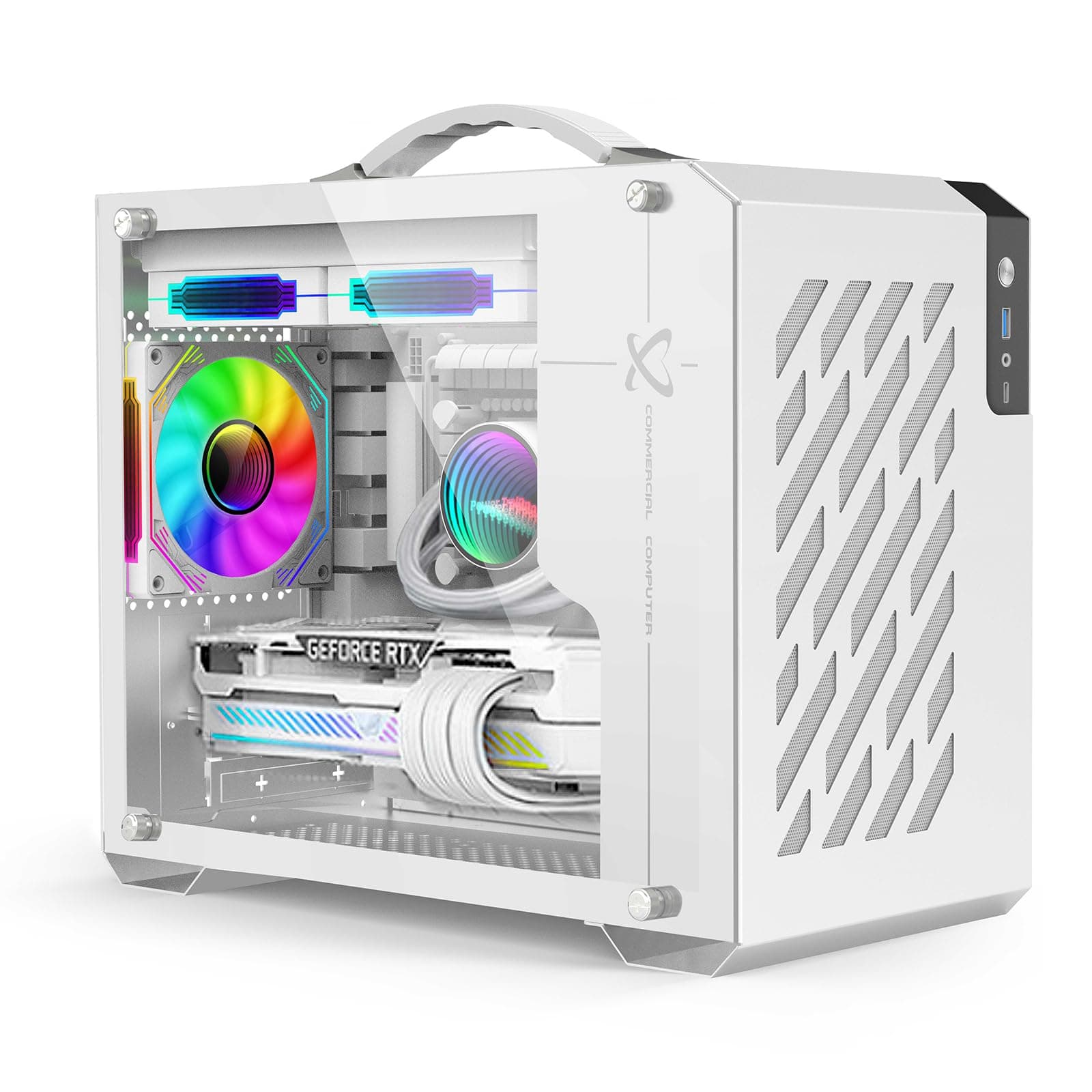 Portable Mini ITX Computer Case, MINI-Tower Full Side Glass Transparent DIY Desktop Case with handle, Micro-ATX PC Cases 240mm Radiator Support - Fan not included (White)