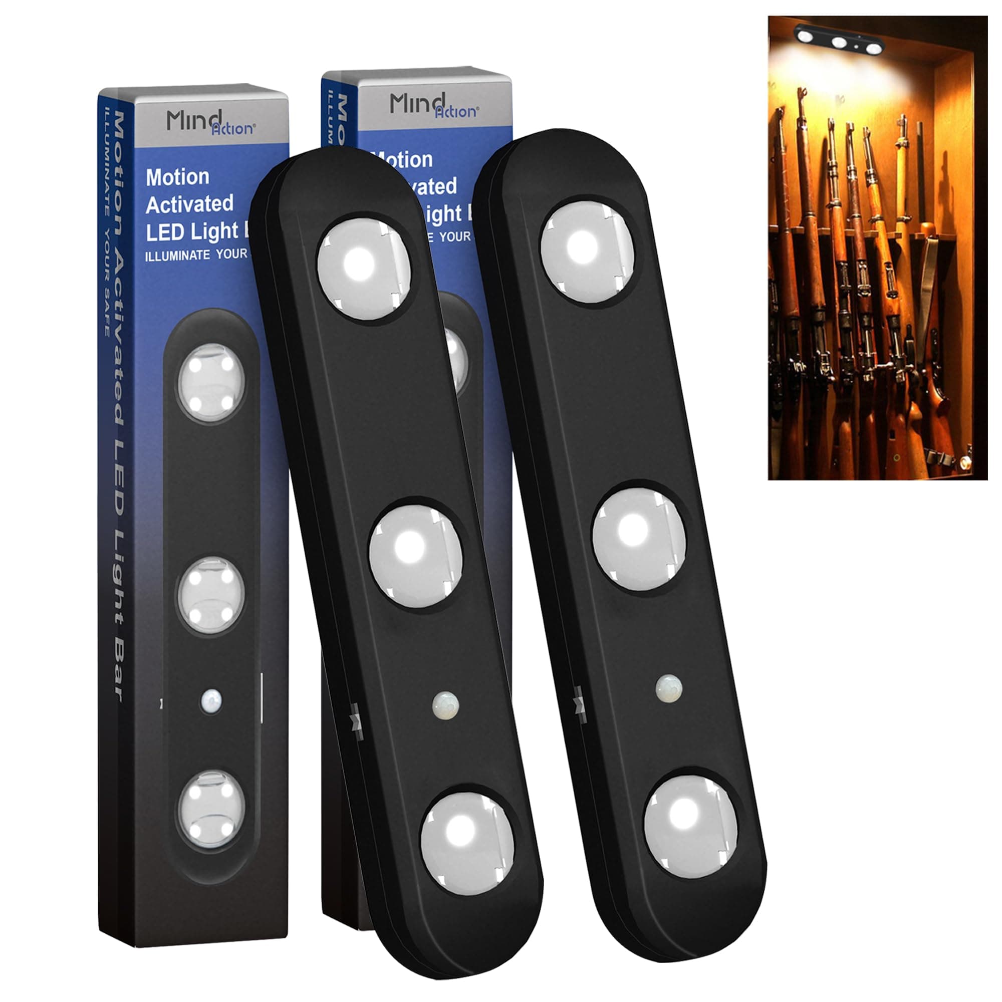 MIND&ACTION Gun Safe Lights, LED, 12 Bulbs, Motion Activated, Rotatable, Battery Powered (Black 2 Pack)