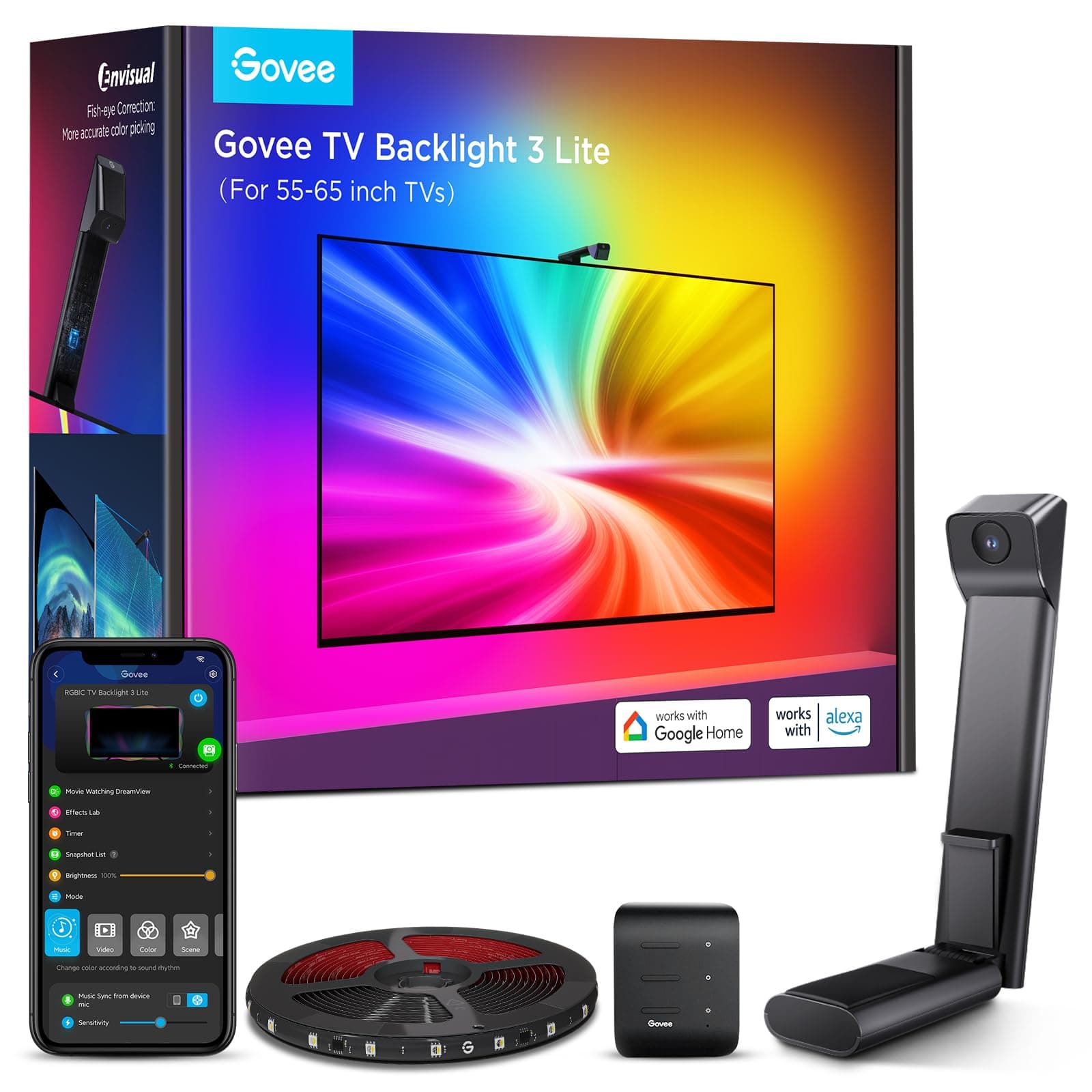 TV Backlight 3 Lite with Fish-Eye Correction Function Sync to 55-65 Inch TVs, 11.8ft RGBICW Wi-Fi TV LED Backlight with Camera, 4 Colors in 1 Lamp Bead, Voice and APP Control, Adapter