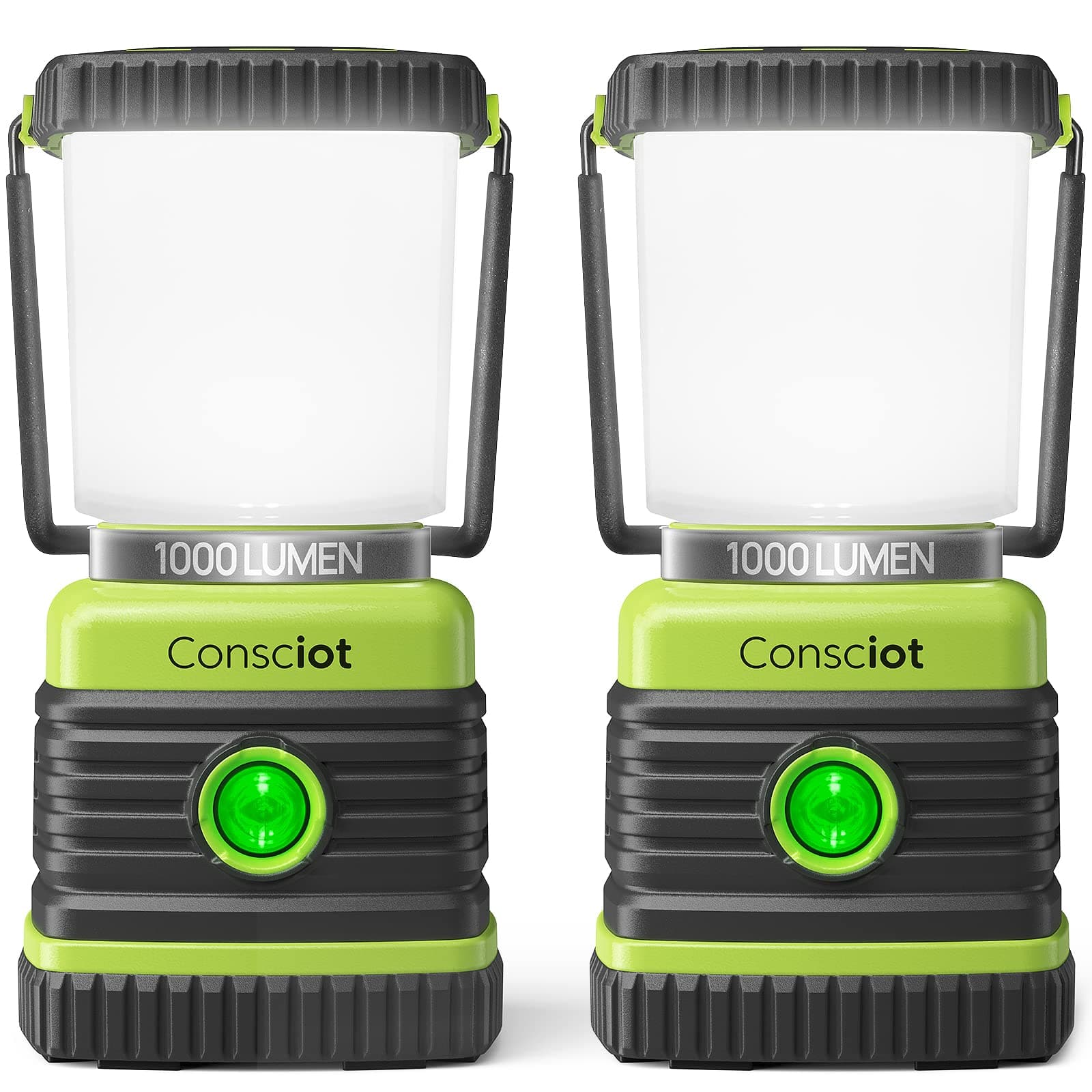 LED Camping Lantern, Consciot Battery Powered Camping Lights with 1000LM, 4 Light Modes, Water-Resistant Tent Lights, Portable Flashlight for Power Outage, Emergency, Hurricane, Hiking, 2-Pack