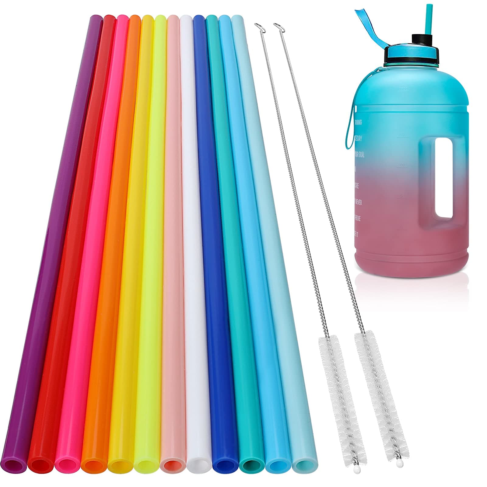 12 Pack Extra Long 14.5 inch Reusable Silicone Straws for Stanley 40 oz Tumbler 1 Gallon 128 75 64 OZ Tumbler, Large Water Bottle -Wine Bottle - Flexible Drinking Straws with 2 Cleaning Brushes