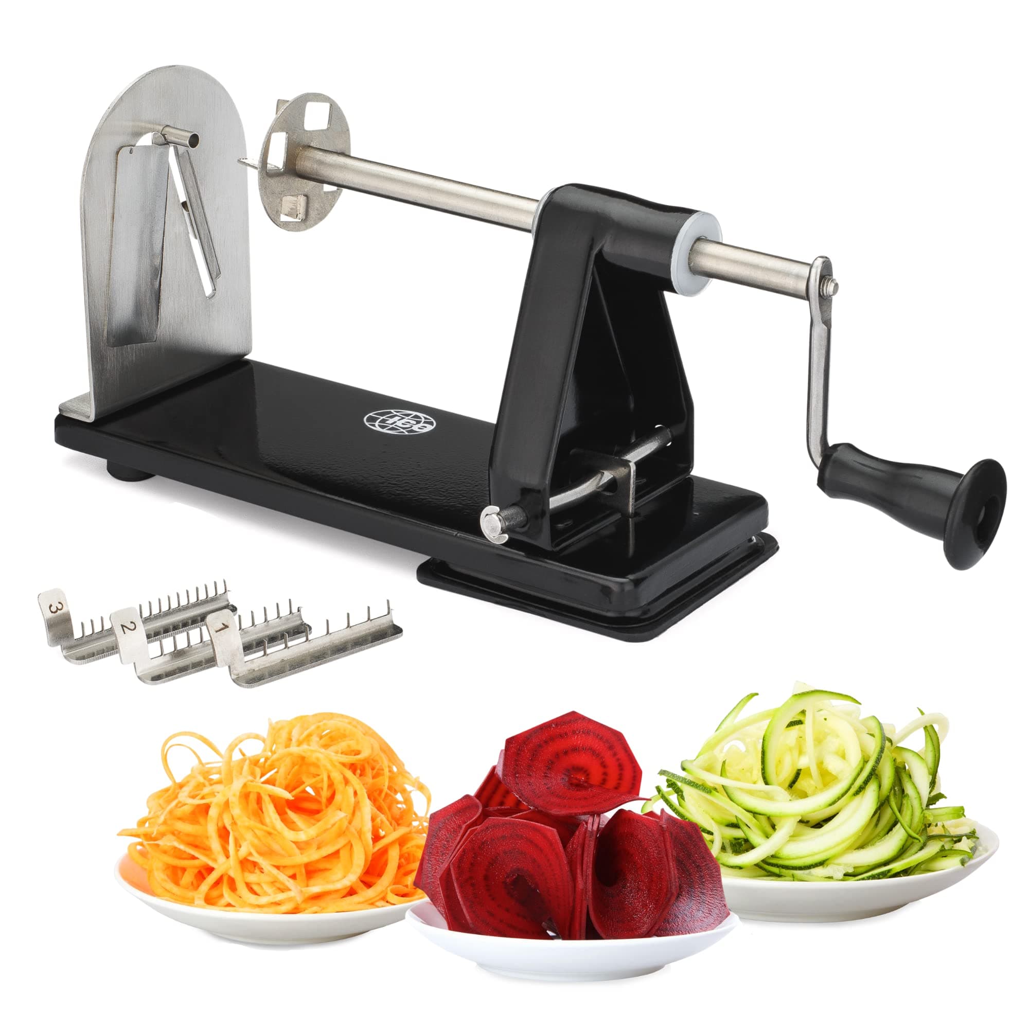 Impeccable Culinary Objects (ICO) 4-Blade Spiralizer Vegetable Slicer, Stronger than all Plastic Spiralizers with 3 Interchangeable Blades and 1 Built-In