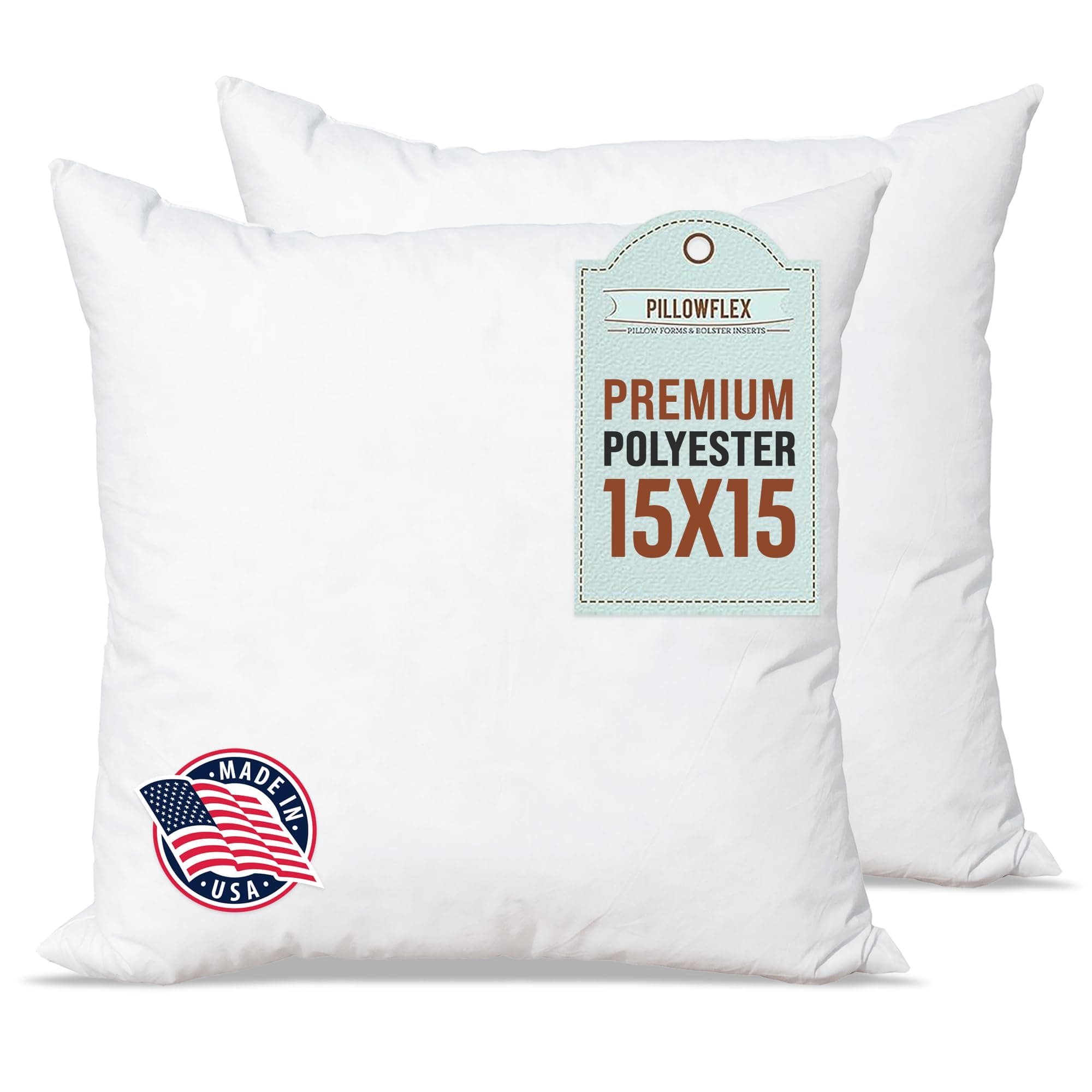 Pillowflex Premium Polyester Pillow Insert – 15x15 - Square Pillows Form, Machine Washable, Soft Sham Supports, Decorative Form for Covers and Throw Pillows, Hypoallergenic - Made in USA - 2 Pack