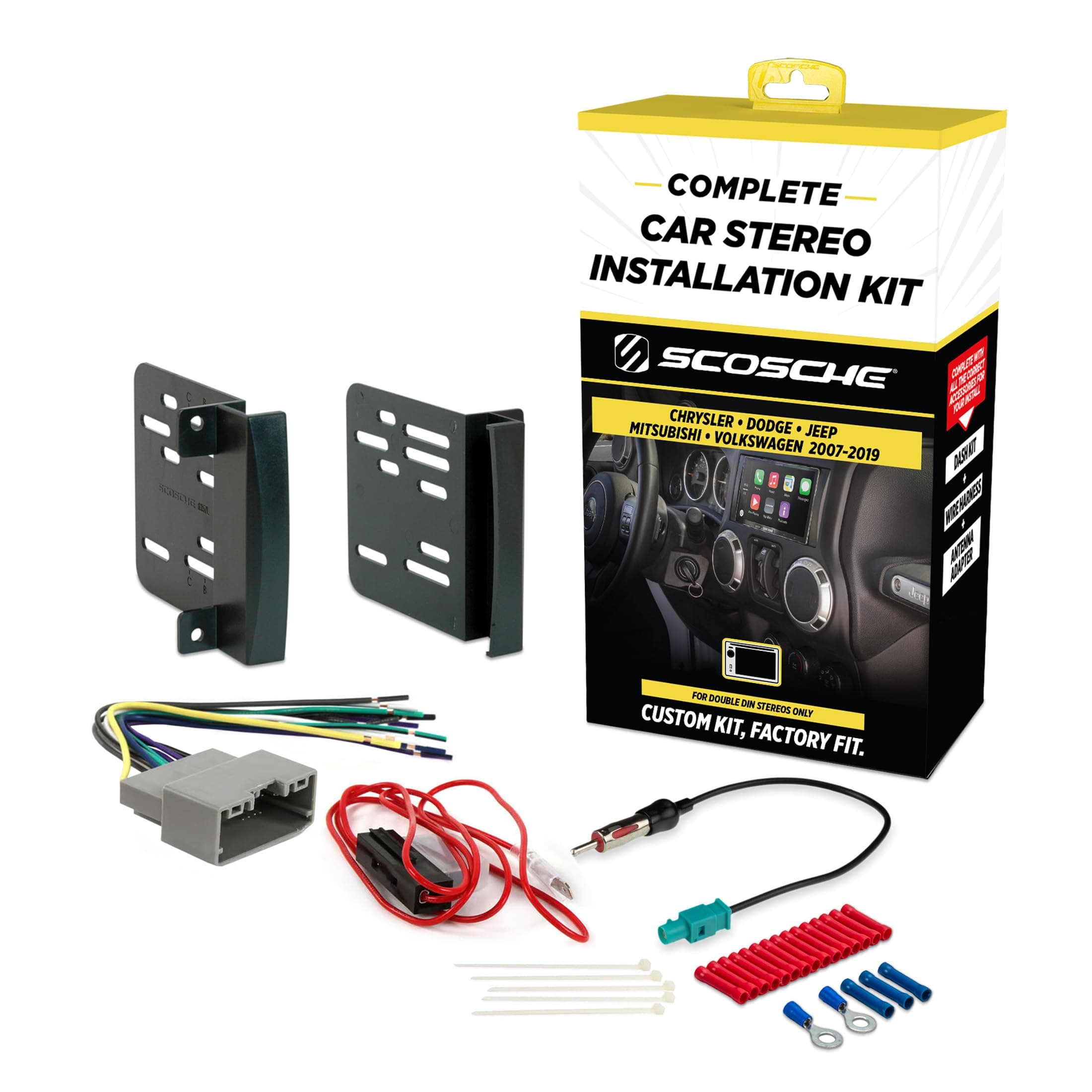 Scosche ICCR6BN Complete Double DIN Stereo Installation Kit for Select Non-Amplified 2007-20 Chrysler, Dodge, Jeep, Mitsubishi, RAM and VW Vehicles - See Fit Guide in Images to Verify Your Vehicle