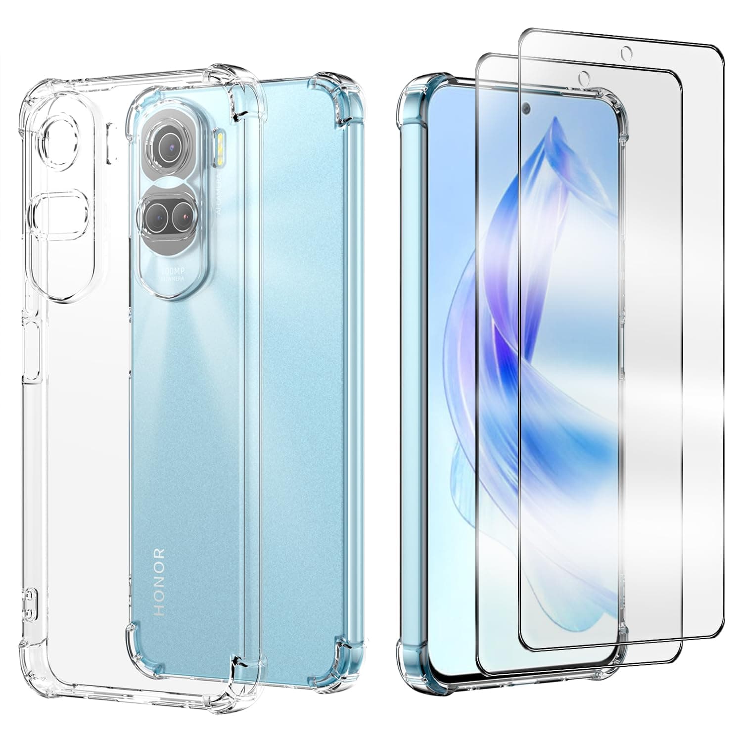 Anlxhj Compatible with Honor 90 Lite Case and Tempered Glass Screen Protector [2 pack] Soft Bumper Anti-Scratch Silicone Phone Case Cover Transparent