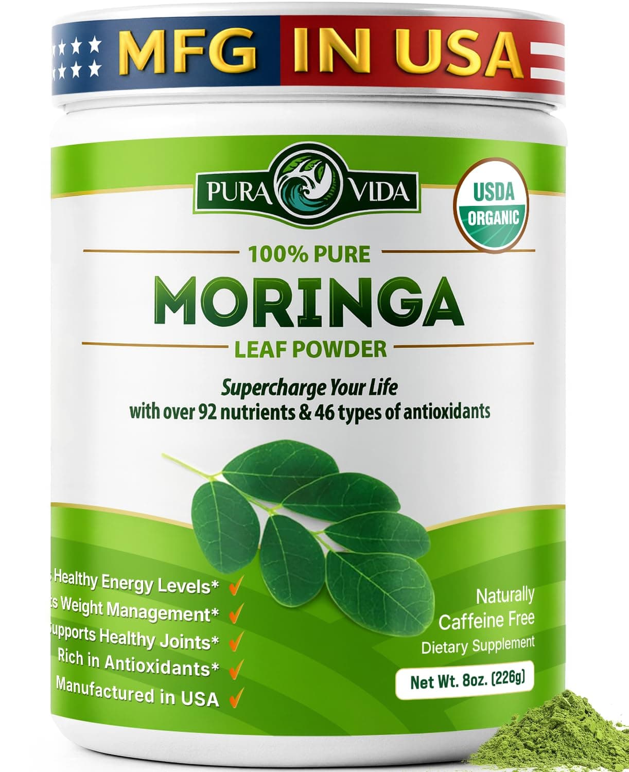 PURA VIDA MORINGA Organic Moringa Powder, Premium 100% Leaf Powder Single Origin - USDA Organic Moringa Oleifera Leaf, Perfect for Smoothies & Recipes, 8 oz