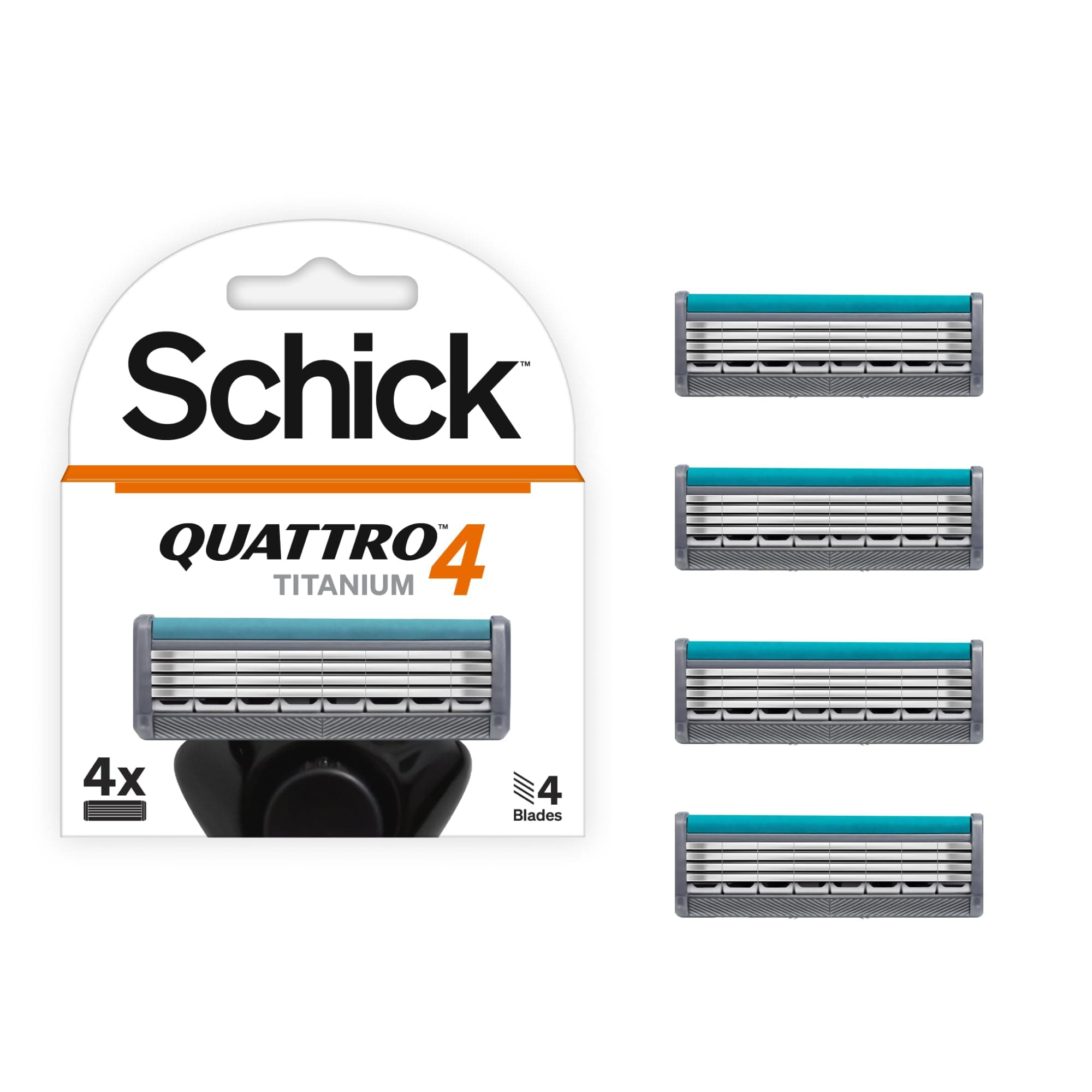 Schick Quattro Titanium 4 Blade Razor Refill For Men-Titanium & Diamond Coated Blades-Lubricating Strip With Aloe Jojoba-No Slip Grip-High Precision-Skin Comfort-4 Cartridges