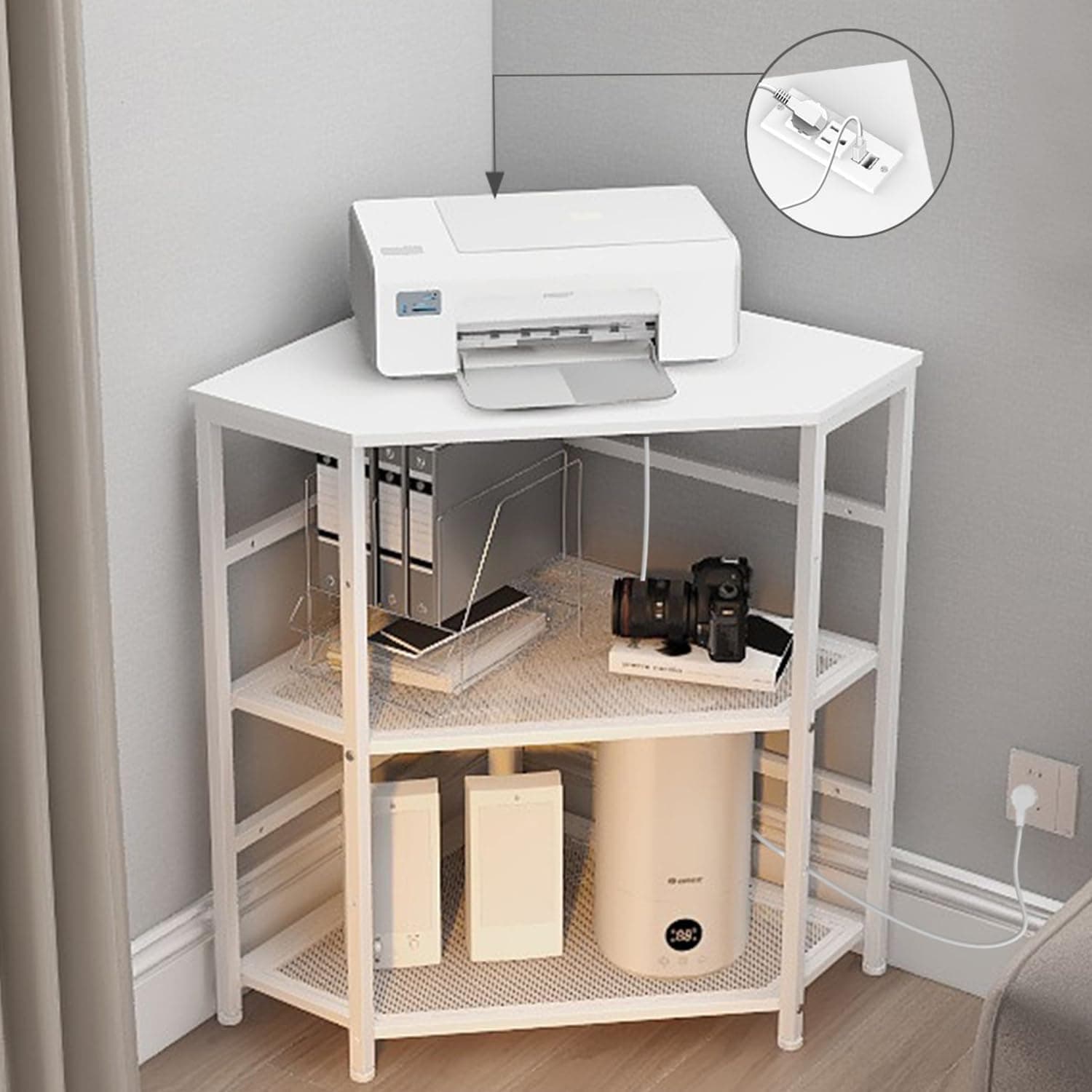 Corner Printer Stand Table with Power Outlet Charging Plugs USB Port Adjustable Storage Shelf Computer Tower CPU Stand Holder for Home Office (White)