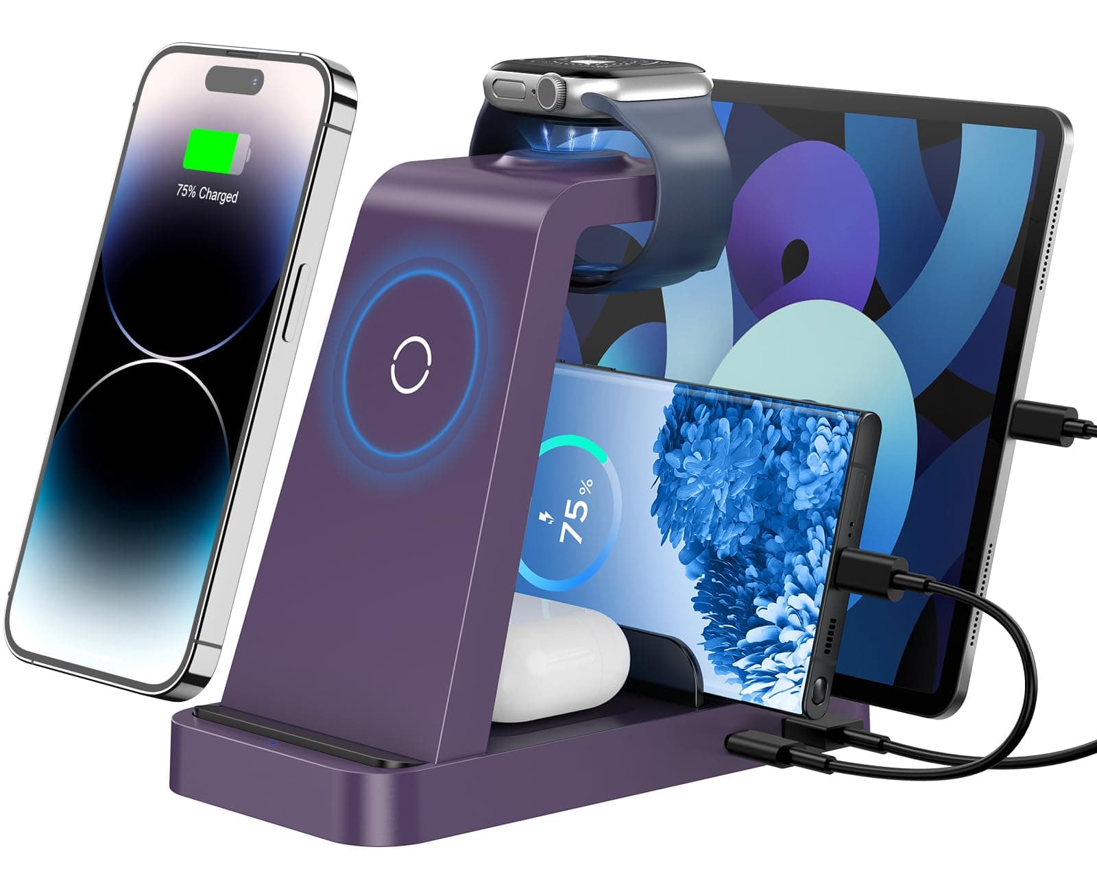 Wireless Charger for iPhone - 5 in 1 Charging Station for Multiple Devices Apple: Fast Wireless Charging Stand Dock for iPhone 17 16e 16 15 14 13 12 Pro Max Apple Watch Airpods (Purple)
