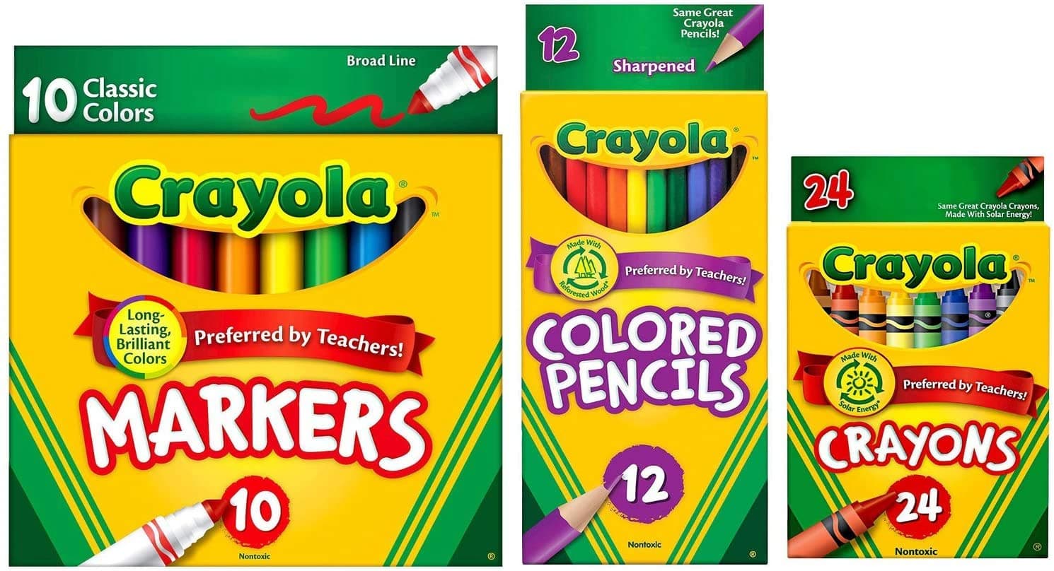 Classic Bundle: 3 Items - Crayons (24 Count), Broad Line Markers (10 Count), Colored Pencils (12 Count)