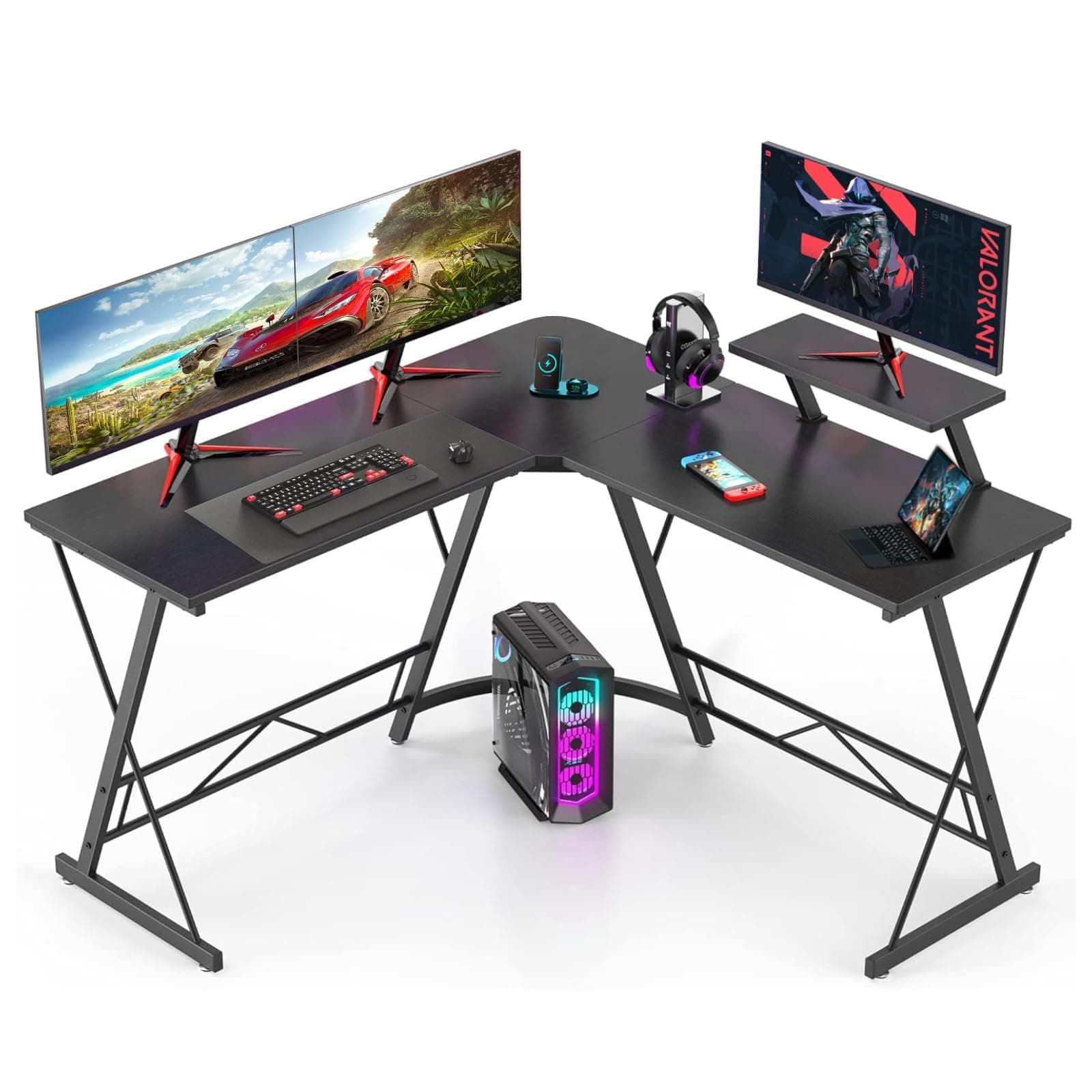 Gaming Desk Computer Desk, Ergonomic Lage Gaming Table, L-Shaped Computer Desk, Home Office Workstation, Space-saving, Easy to Assemble (Black, L-type)