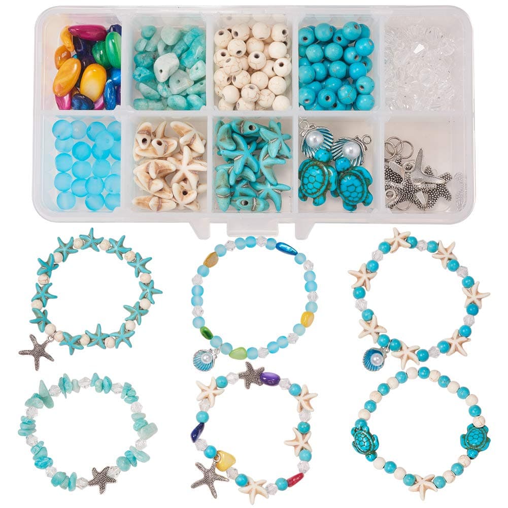 SUNNYCLUE 1 Box DIY 6Pcs Boho Shell Beads Beach Charm Anklet Christmas Bracelet Making Kit Adjustable Starfish Sea Shell Charms Turquoise Turtle Beads Foot Chain Sandal Beads for Jewelry Making Kits