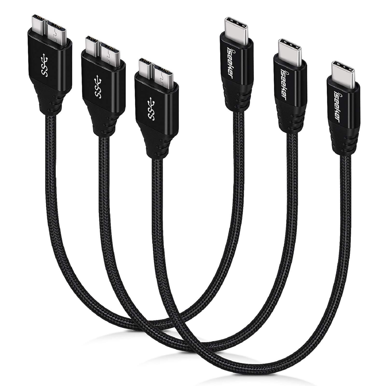 Type C to Micro B Cable, iSeekerKit Short 1Ft USB 3.0 USB-C to Micro USB Charge & Sync Cord for Toshiba Canvio, WD External Hard Drive, Samsung Galaxy S5, Note 3 and More [3-Pack]