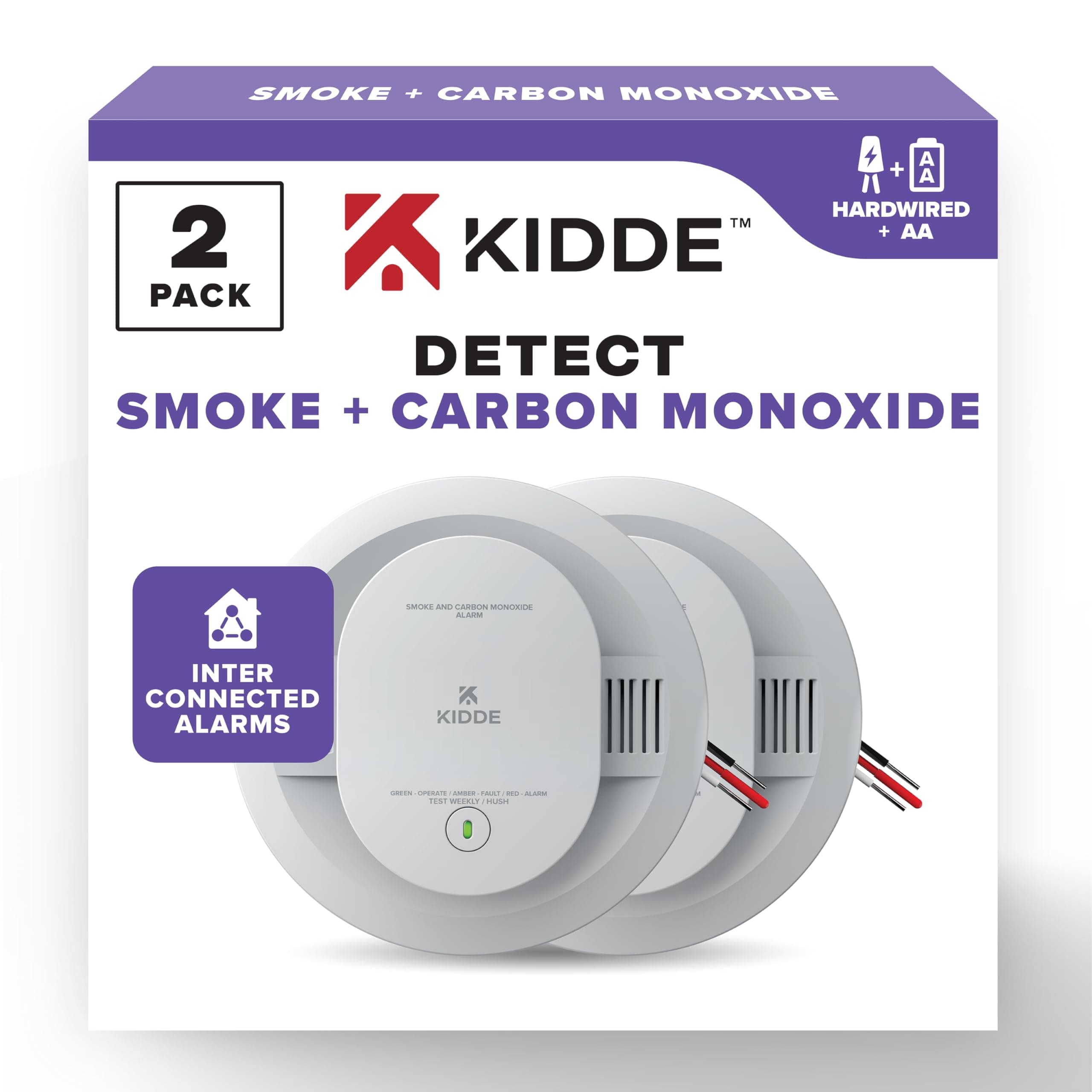 Kidde Hardwired Smoke & Carbon Monoxide Detector, AA Battery Backup Smoke Alarm, Interconnectable, LED Warning Light Indicators, 2 Pack