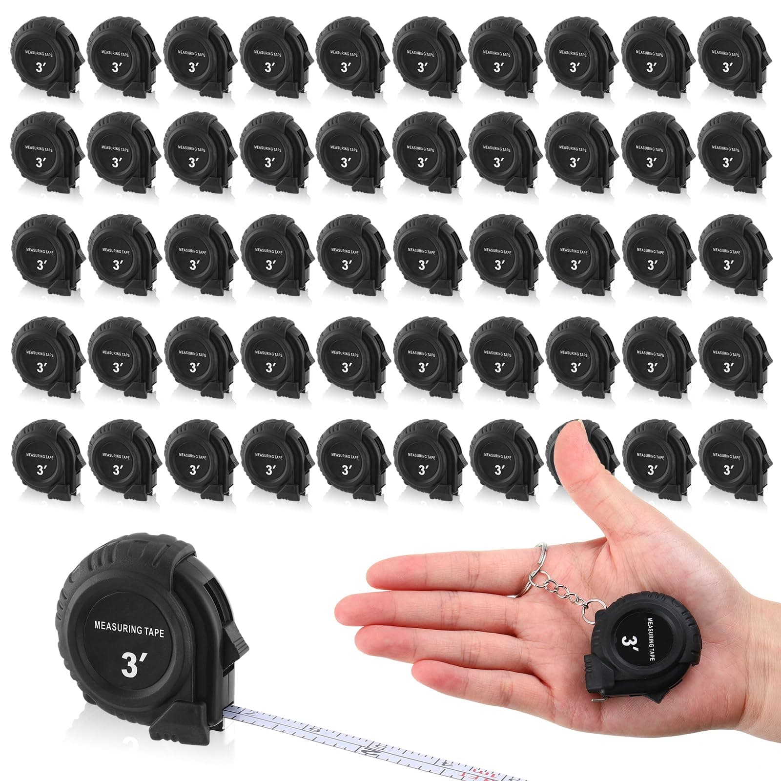 50 Pcs Mini Measuring Tape 3 ft/ 1m Retractable Keychain Tape Measure Easy Read Measuring Tape Bulk Set Small Measurement Tape with Pause Buttons for Engineer, Autowind and Lock, Black