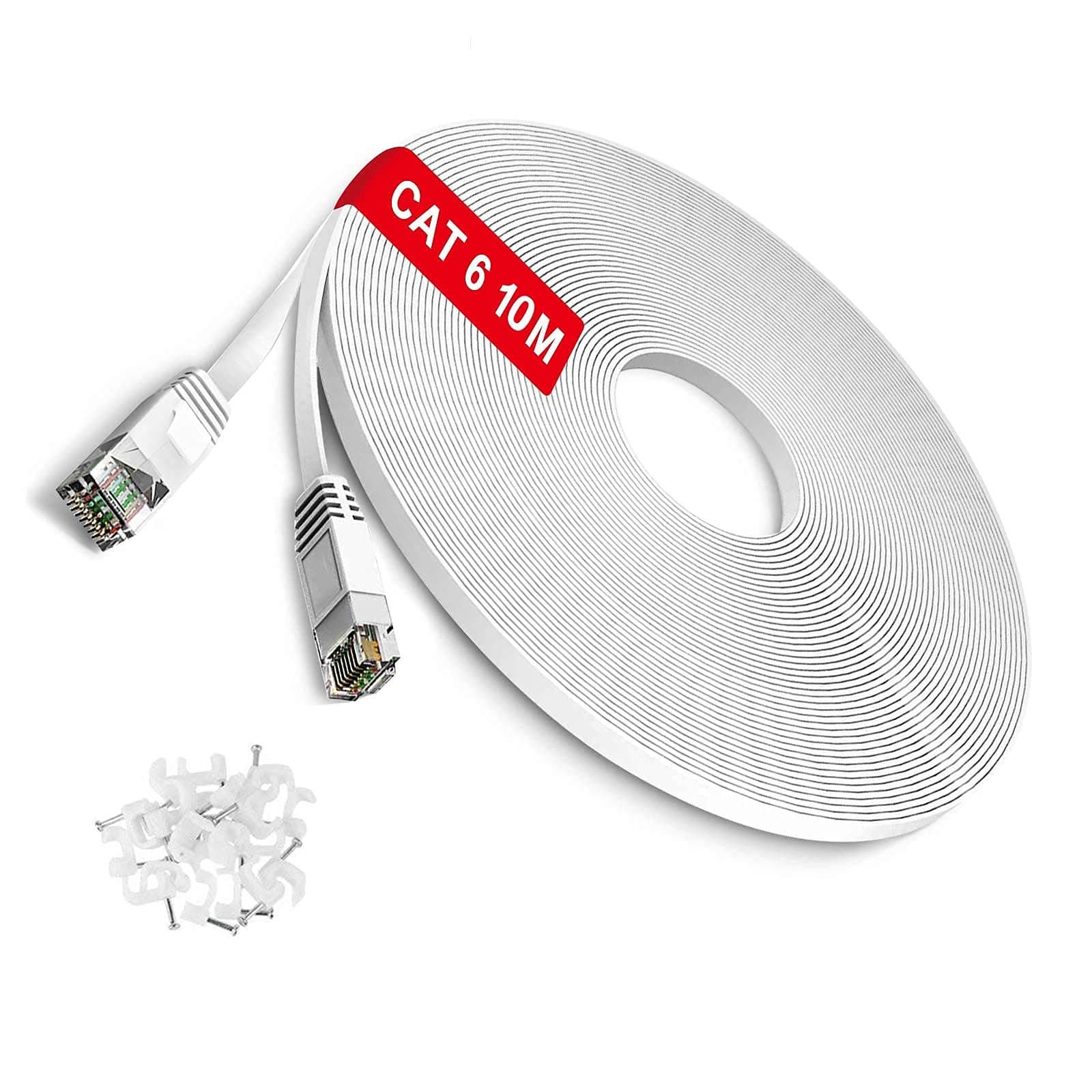 TBMax 10m Ethernet Cable Flat Cat6 High Speed Gigabit LAN Network Cable Long - OFC -RJ45 UTP Internet Patch Cable for Computer,PS5,Modem,Router,TV - Compatible with Cat5e Cat6a Cat7, White