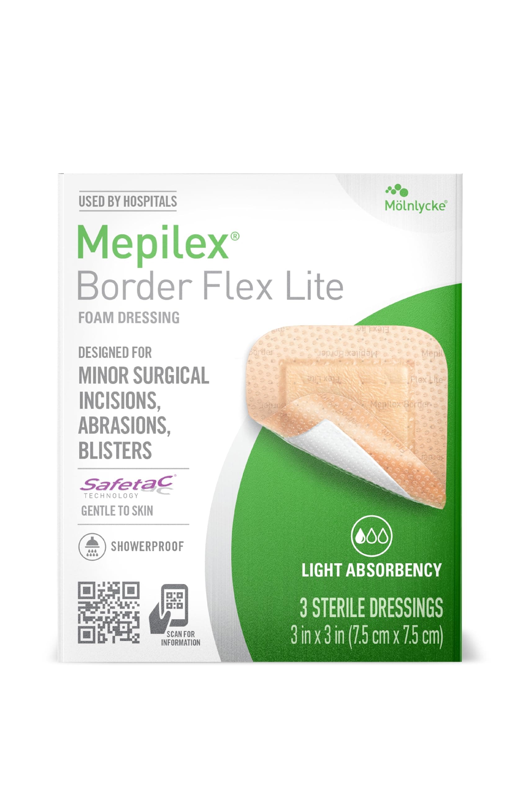 Border Flex Lite 3 x 3 in (7.5x7.5 cm) Hospital Grade Dressings for Minor Surgical Incisions, Abrasions and Blisters for Up to Several Day Use
