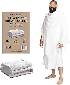 Men's Ihram for Hajj & Umrah - Sweat Absorbent, Comfortable, Fully Opaque, 2-Piece Towel Set, Ehram Ahram 110 x 210cm, Ideal for Muslim Men, Small, White