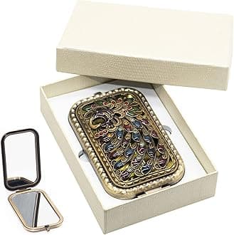 Warmtree Vintage Makeup Mirror Metal Portable Foldable Mirror Peacock Vanity Mirror Double Sided Compact Cosmetic Mirror Travel Mirror (B)