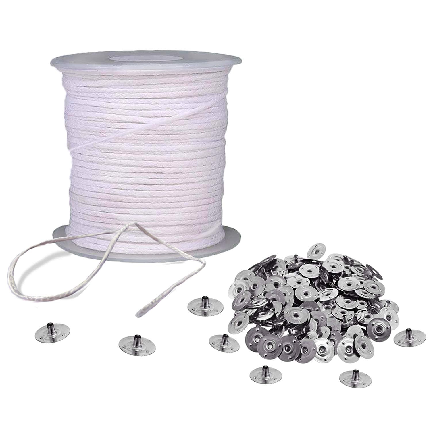 BEADNOVA Braided Candle Wick Spool with Base Set 200 ft Cotton Candle String Roll and 300pcs Wick Clips Sustainer Tabs for Making DIY