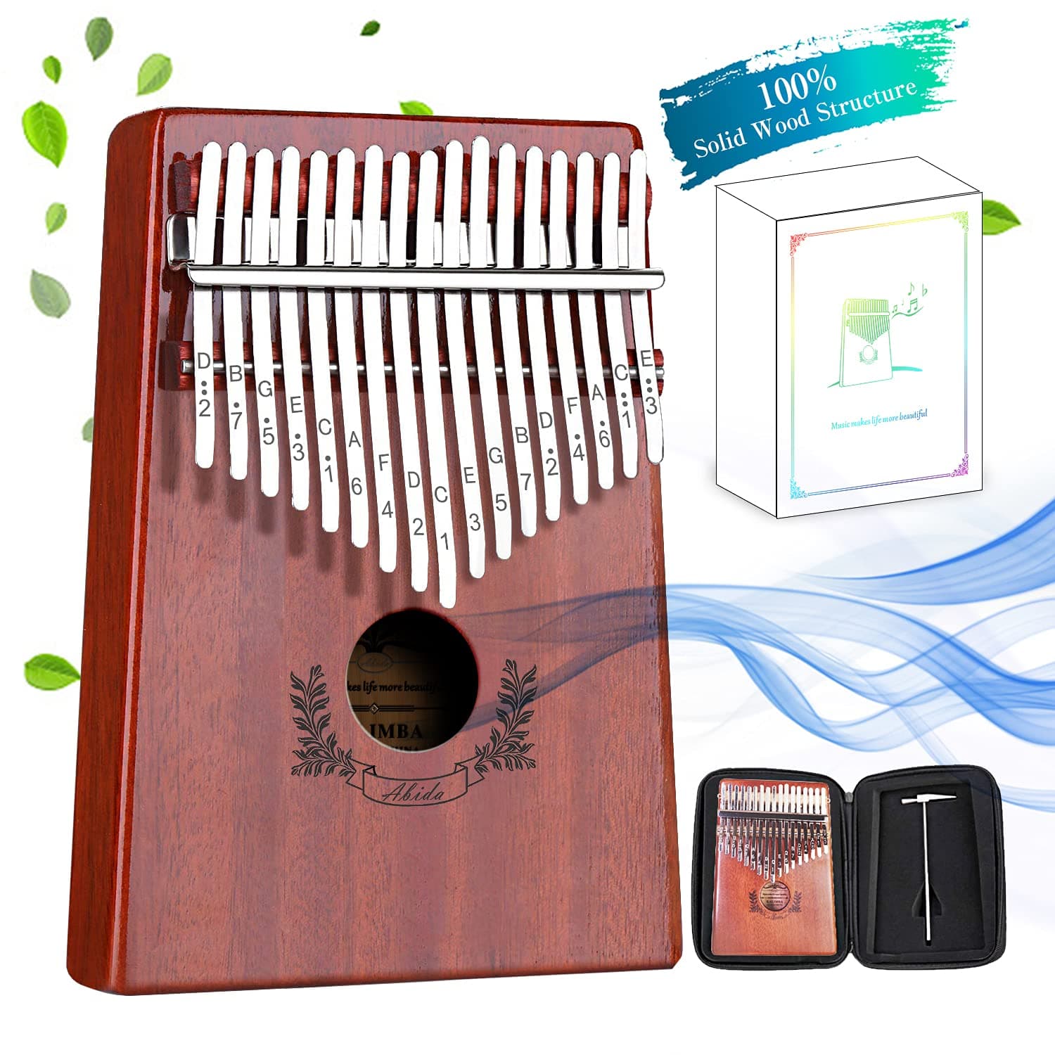 Abida Kalimba 17 Keys Thumb Piano EVA Waterproof Case Study Instruction Tuning Hammer, Solid Finger Piano Mahogany Body Portable Musical Instrument Gifts for Kids and Adult Beginners