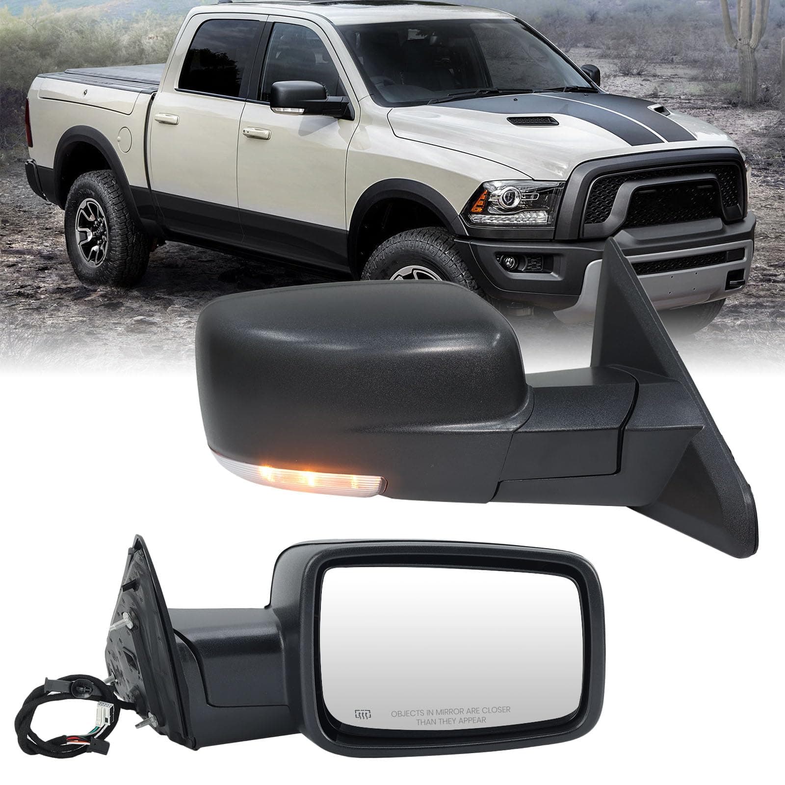 Passenger Side Mirror Compatible with 2009-2018 Dodge Ram 1500 2010-2018 Dodge Ram 2500 3500 4500 Mirror with Manual Fold Heated Turn Signal Light Puddle Light Black（9 Pins）