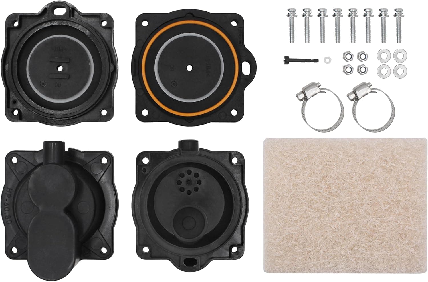 HP-80 HP-60 Air Pump Rebuild Complete Kit Replacement for Hiblow HP 80/HP 60, including the diaphragm, filter, and screws.
