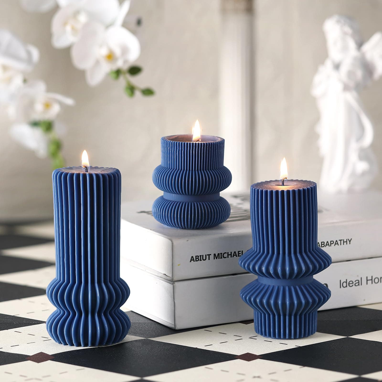 MTLEE 3 Pcs 4.7, 4.2, 3.2 in Height, Small Ribbed Pillar Candles Scented Aesthetic Modern Decorative Soy Wax Candles for Wedding Dinner Christmas Home Decor(Navy Blue)