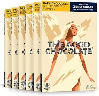 The Good ChocolateDark Chocolate with Coconut Turmeric Bar, Zero Sugar, Lower Net Carb Snack, Lower Calorie, Vegan Chocolate Bars, 6 Bar Value Pack