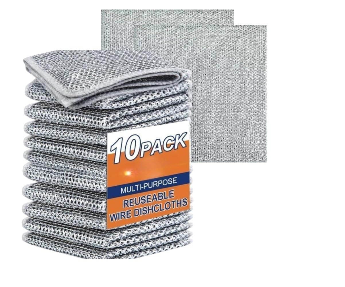 Reusable Non-Scratch Wire Dishwashing Rags, Single Layer, Easy to Rinse & Machine Washable for Kitchen, Pots, Pans & Sinks (Pack of 10)