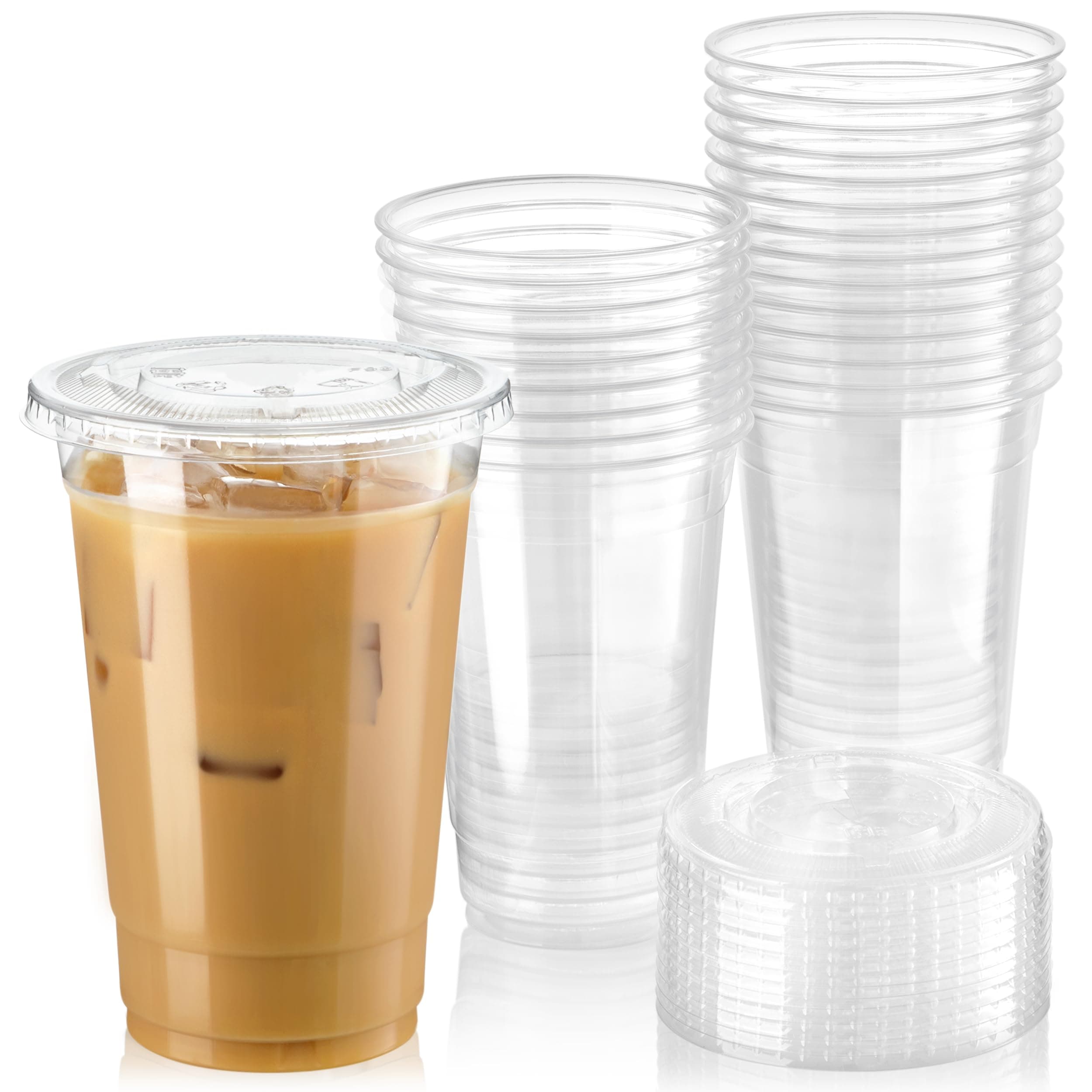 50 Pack 20 oz Clear Plastic Cups with Flat Lids, Disposable Iced Coffee Cups, BPA Free Premium Crystal Smoothie Cup for Party, Lemonade Stand, Cold Drinks, Juice, Milkshake