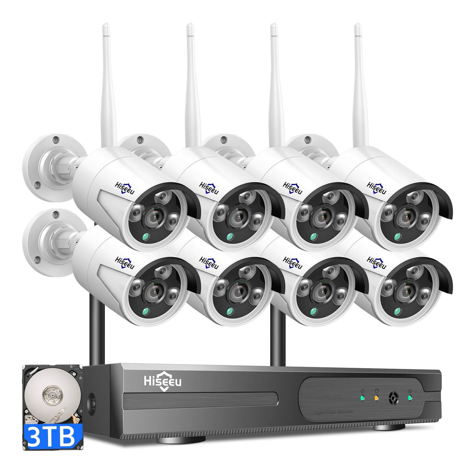 - Hiseeu 2K Wireless Security Camera System, 10CH NVR Kit,8Pcs 3MP WiFi Surveillance Cameras for Home Indoor/Outdoor Use,Night Vision,Waterproof, Motion Detection, 3TB Hard Drive and DC Power Included