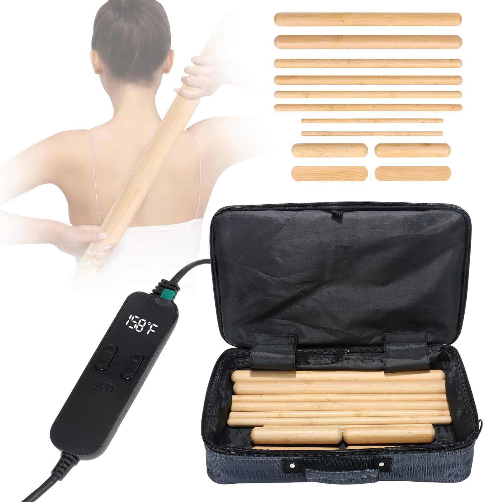 Hot Bamboo Massage Sticks Warmer Kit,12pcs Solid Bamboo Sticks for SPA,Portable Stone Massage Heater with Temperature Control/Heating Time for Home/Travel Spa Warming Therapy Relaxing