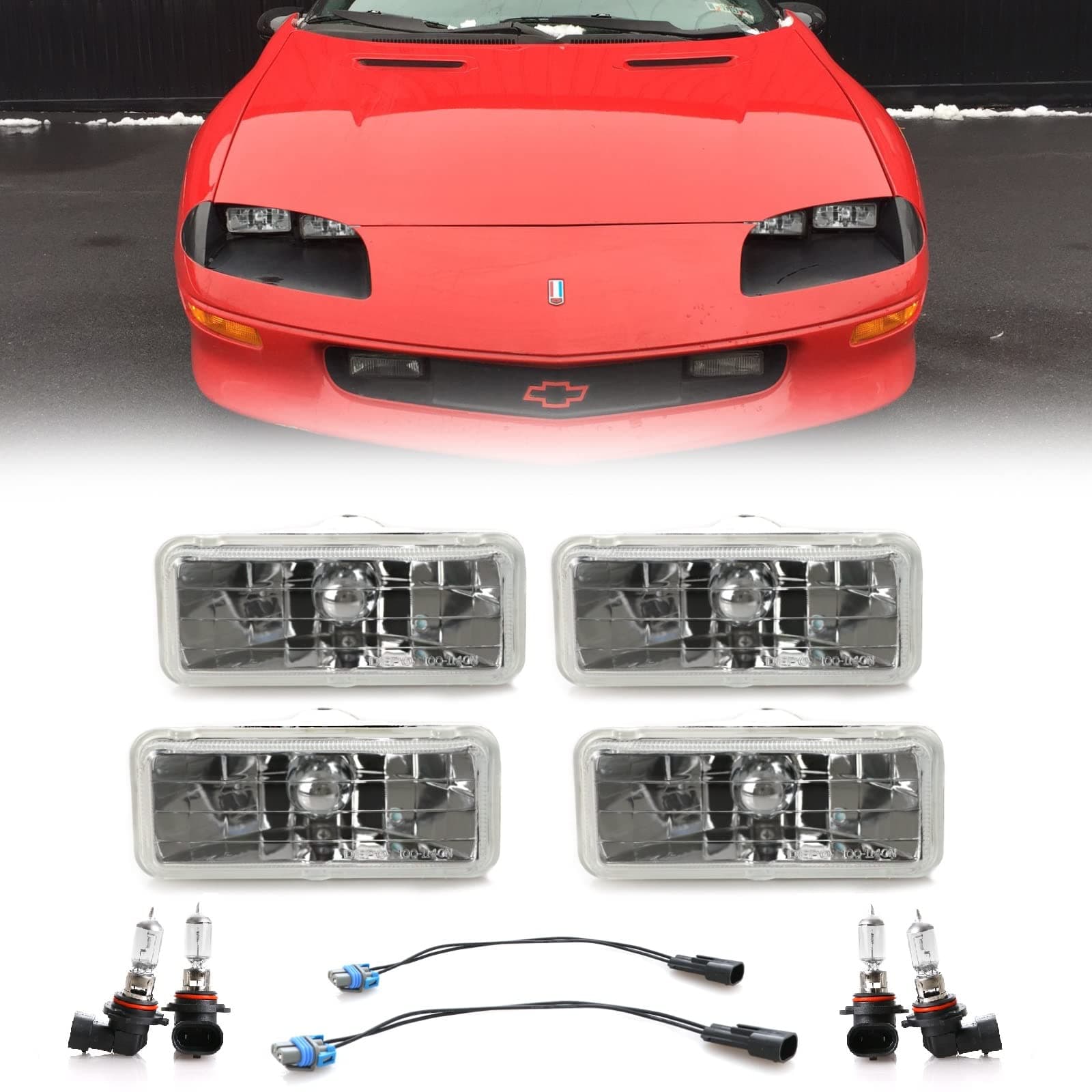 USR H4351 / H4352 Sealed Beam Headlights - Low + High Beam 2" x 5" Seal Beam Conversion Head Lamps Compatible with 1993-1997 Chevrolet Camaro (Euro Crystal Style 4 Pieces, with Bulbs and Wire Adapter)