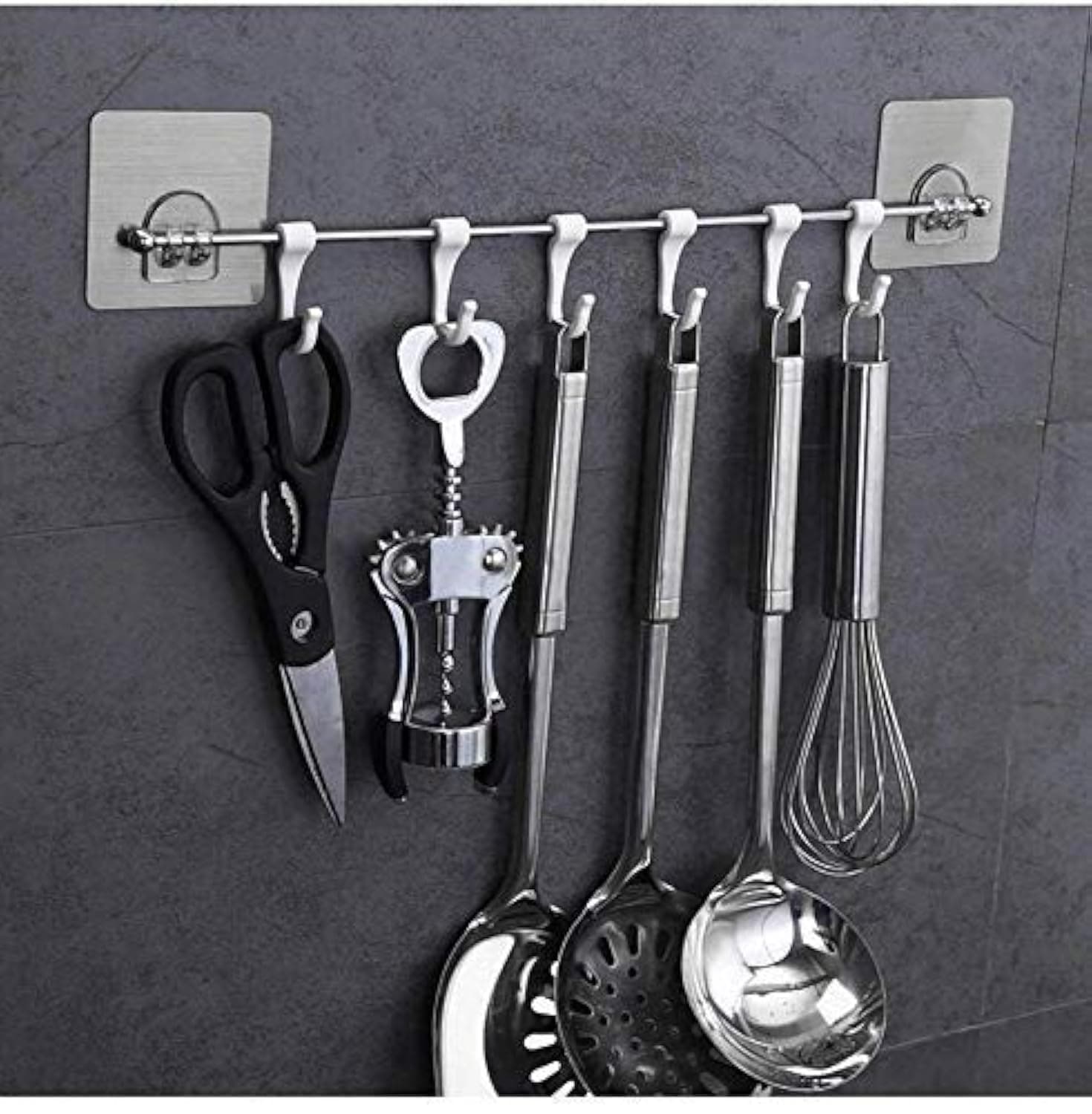 Premium Self Adhesive Kitchen Accessories Items Organizer Rack Stand, Wall Hanging Hooks Strong Without Drilling/Bathroom Door Cloth Hanger (9 Hooks), Stainless Steel