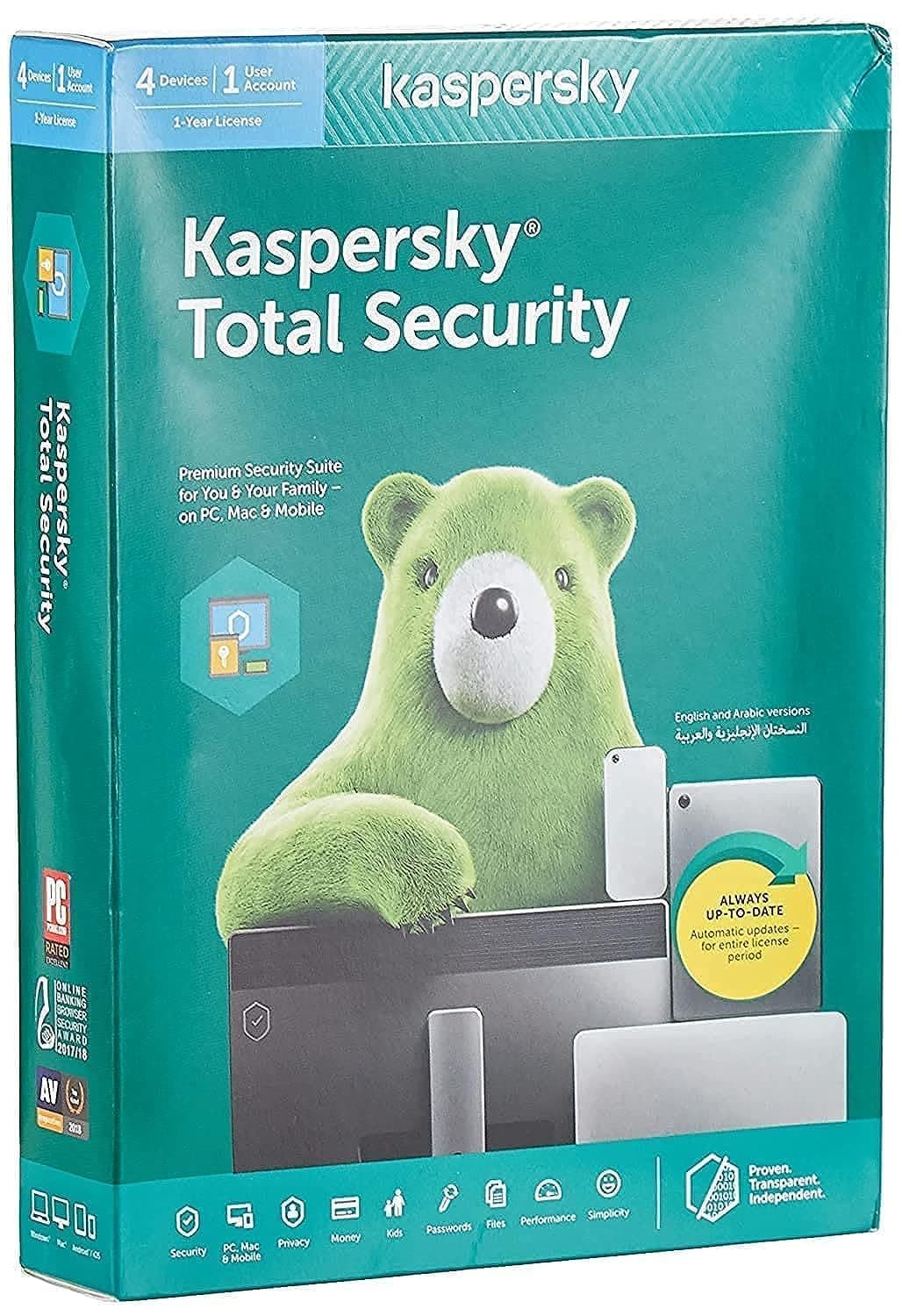 KASPERSKY TOTAL SECURITY 2020 - 4 USERS - AUTHENTIC MIDDLE EAST VERSION - 1 YEAR