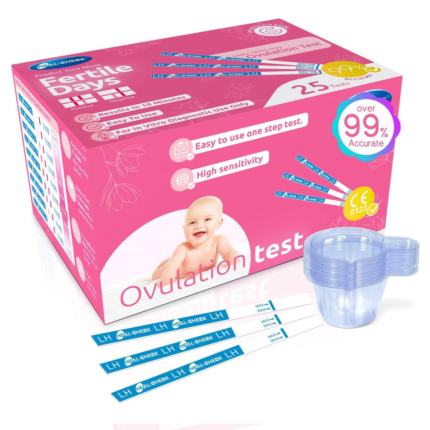 25 Count Ovulation Test Strips with Cups, Bulk Ovulation Test Strips for Women, Ovulation Predictor Kit, Accurate Fertility Tests for Home, Individually Wrapped 5mm LH